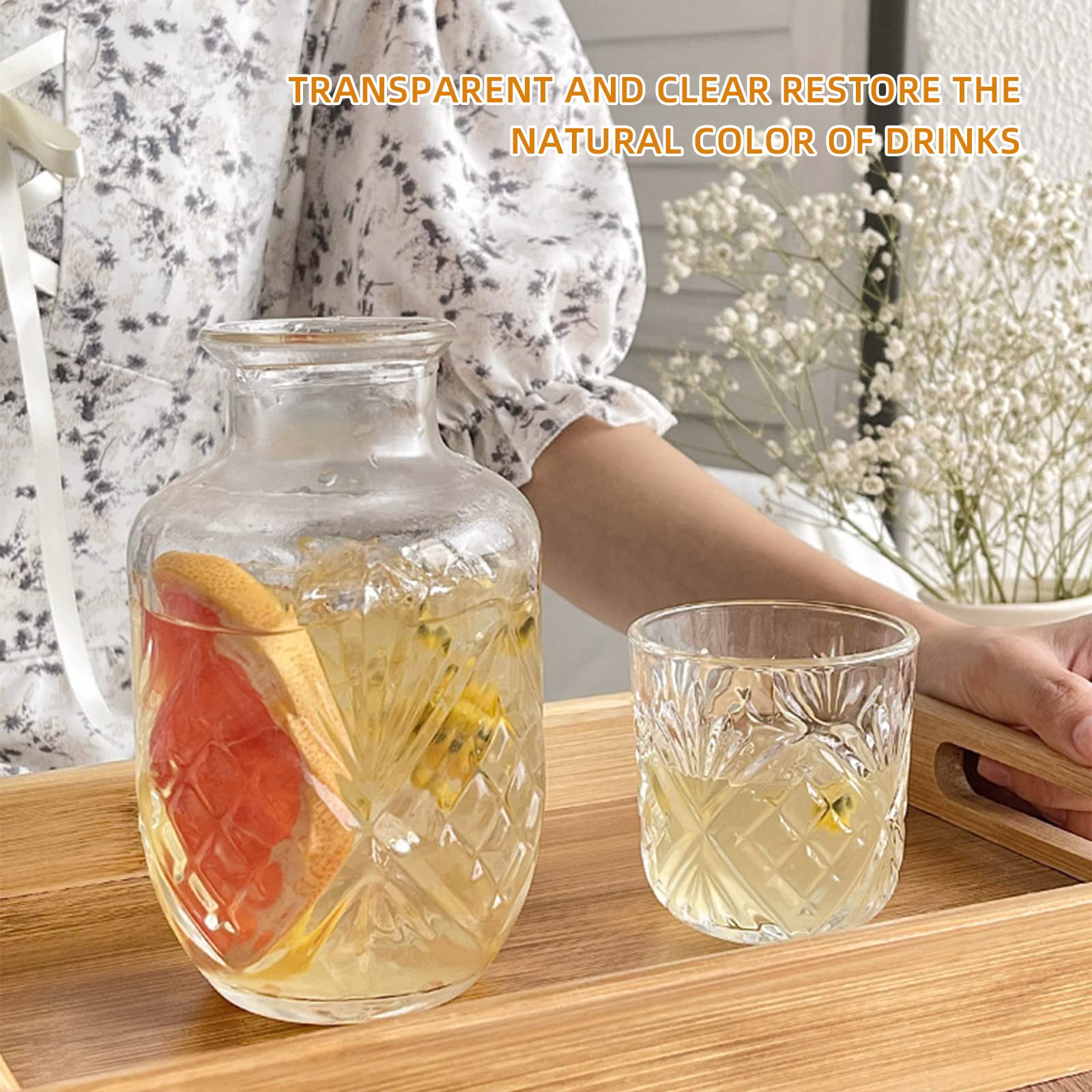 DUHALINE Audrey Crystal Nachtkaraf en glazen set, kristallen nachtkastje nachtkaraf en glazen bekerset, 2-delige waterkruik en beker nachtset (18 oz of 525 ml