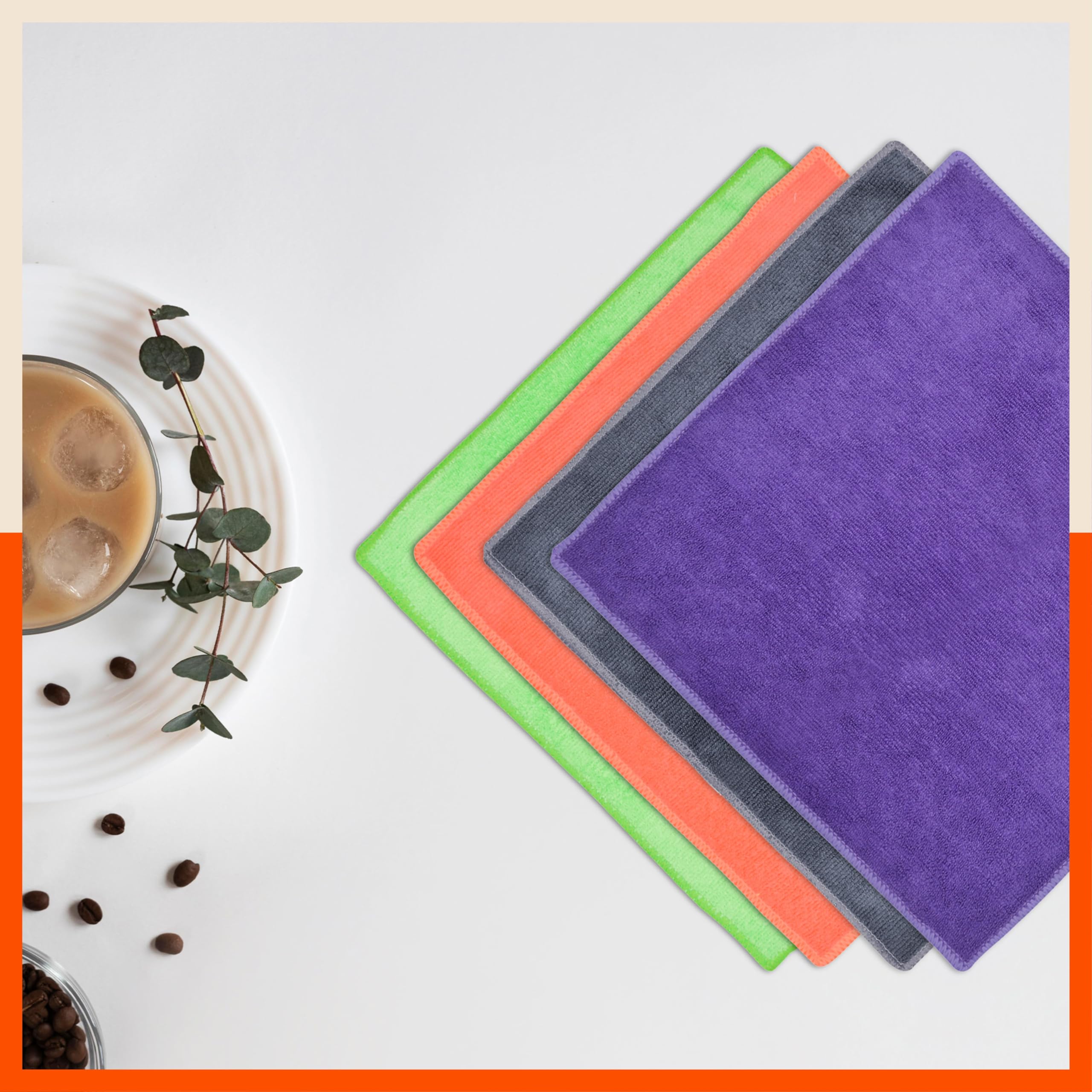 Bathla Spic & Span Multi Purpose Micro Fiber Cleaning Cloth - 380 GSM: 40cmx40cm (Pack of 4 - Peach + Fluorocent Green + Purple + Grey)