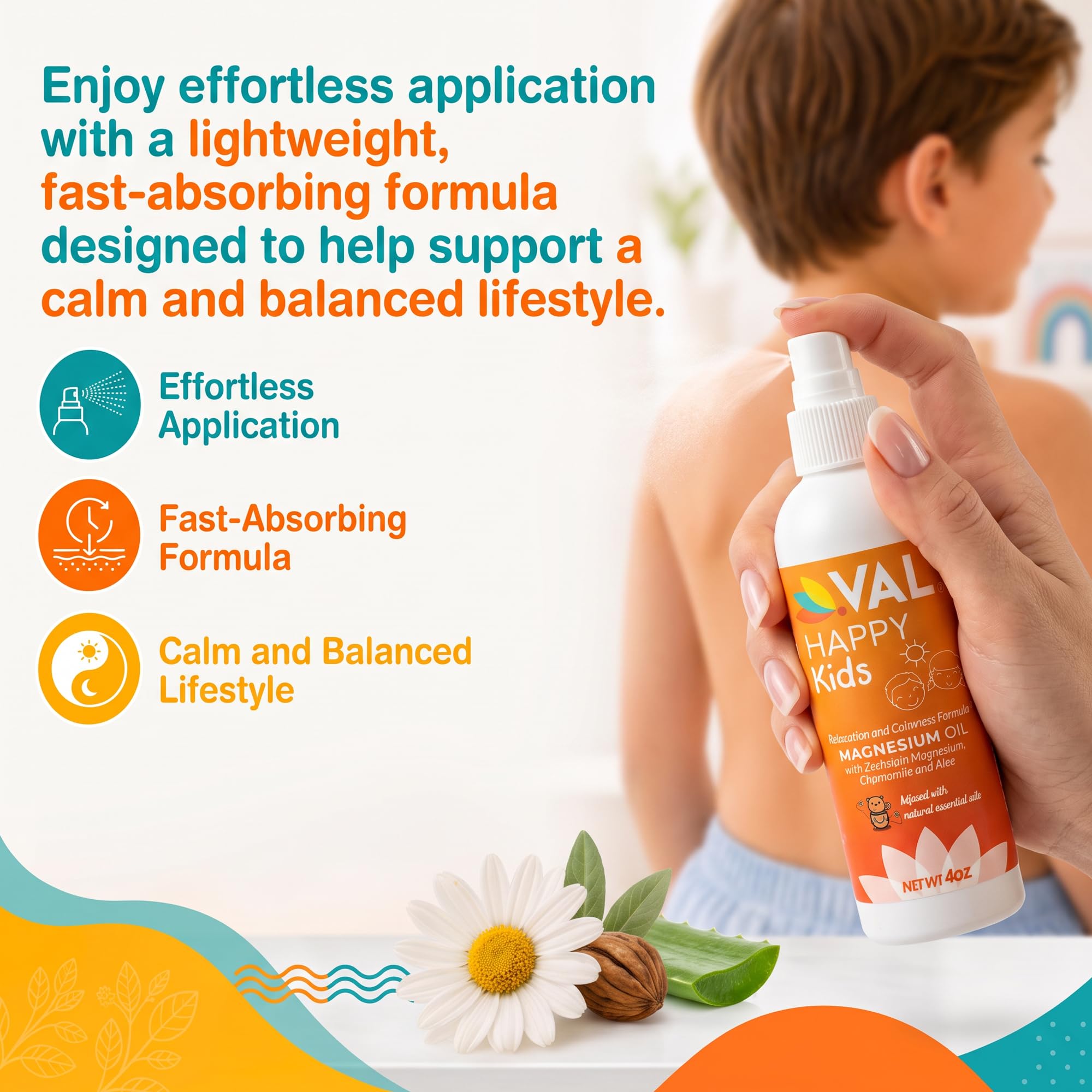 VAL Kids Magnesium Oil Spray – Natural Bedtime Calm & Mood Support | Zechstein Magnesium, Chamomile & Aloe | No Itch | Fast-Absorbing | Made in USA | 4oz — Amazon image 8