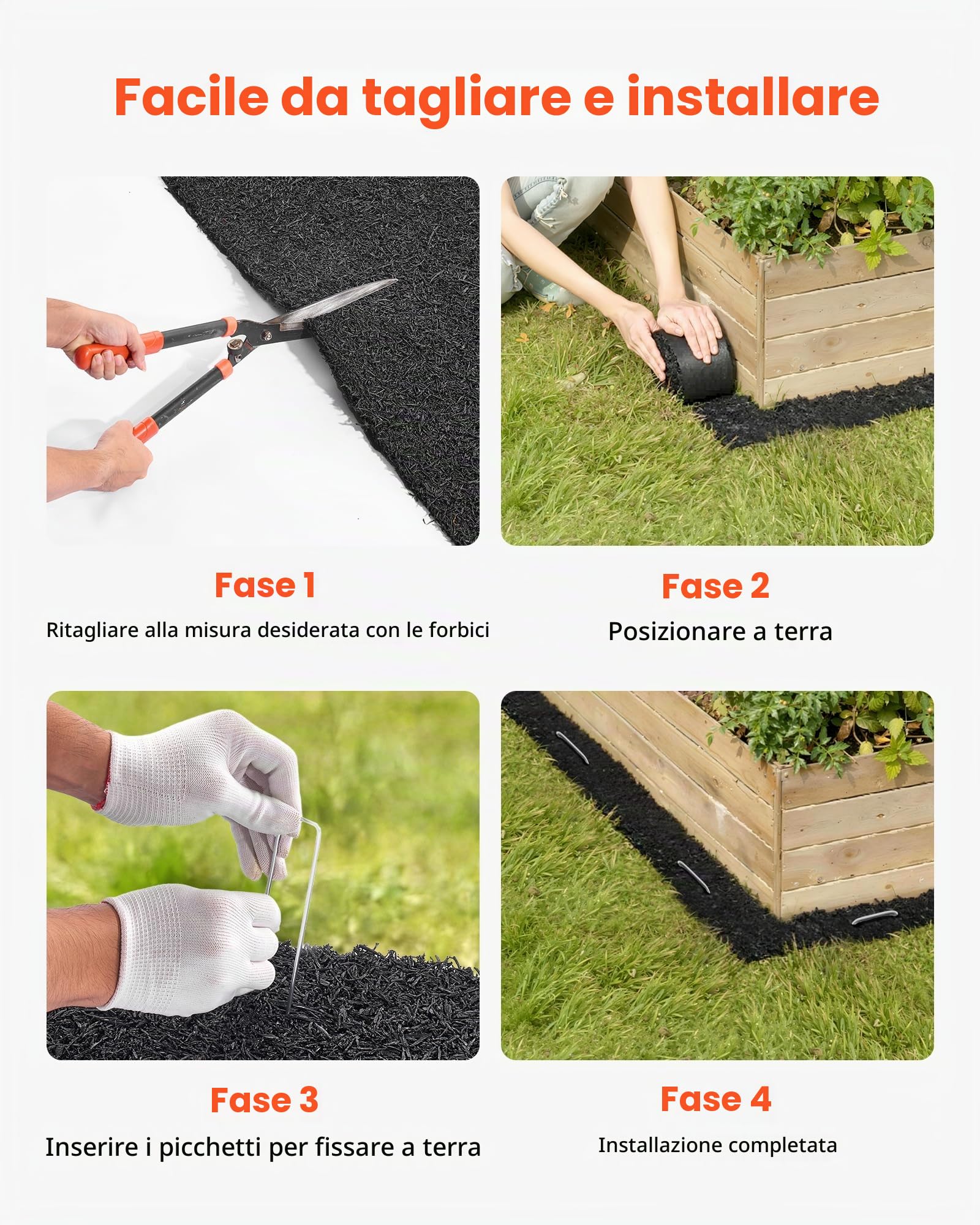 VEVOR Telo Pacciamatura Antierbacce per Orto Giardino 4 Rotoli da 3050 x 115 x 13 mm, Bordatura Permanente in Gomma, Barriera per Fiori dall'Aspetto Naturale con Picchetti, Nero