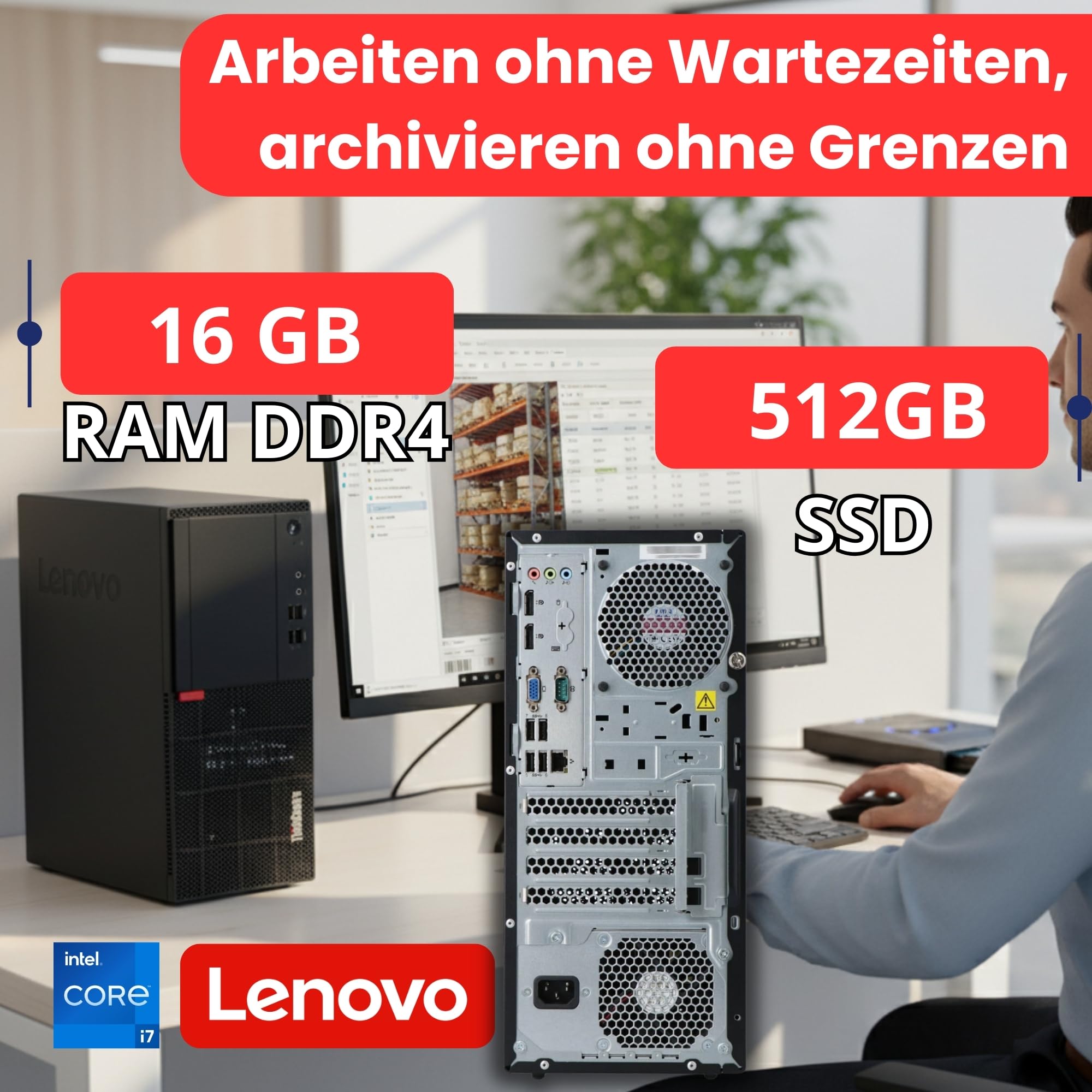 Lenovo - Schneller PC mit Intel Core i7 6700 - Desktop Computer + Silent Rechner für Büro & Home Office mit 4 GHZ - 16 GB - 512GB SSD - USB3.0 - WLAN - inkl Windows 11 Pro und Office 2016
