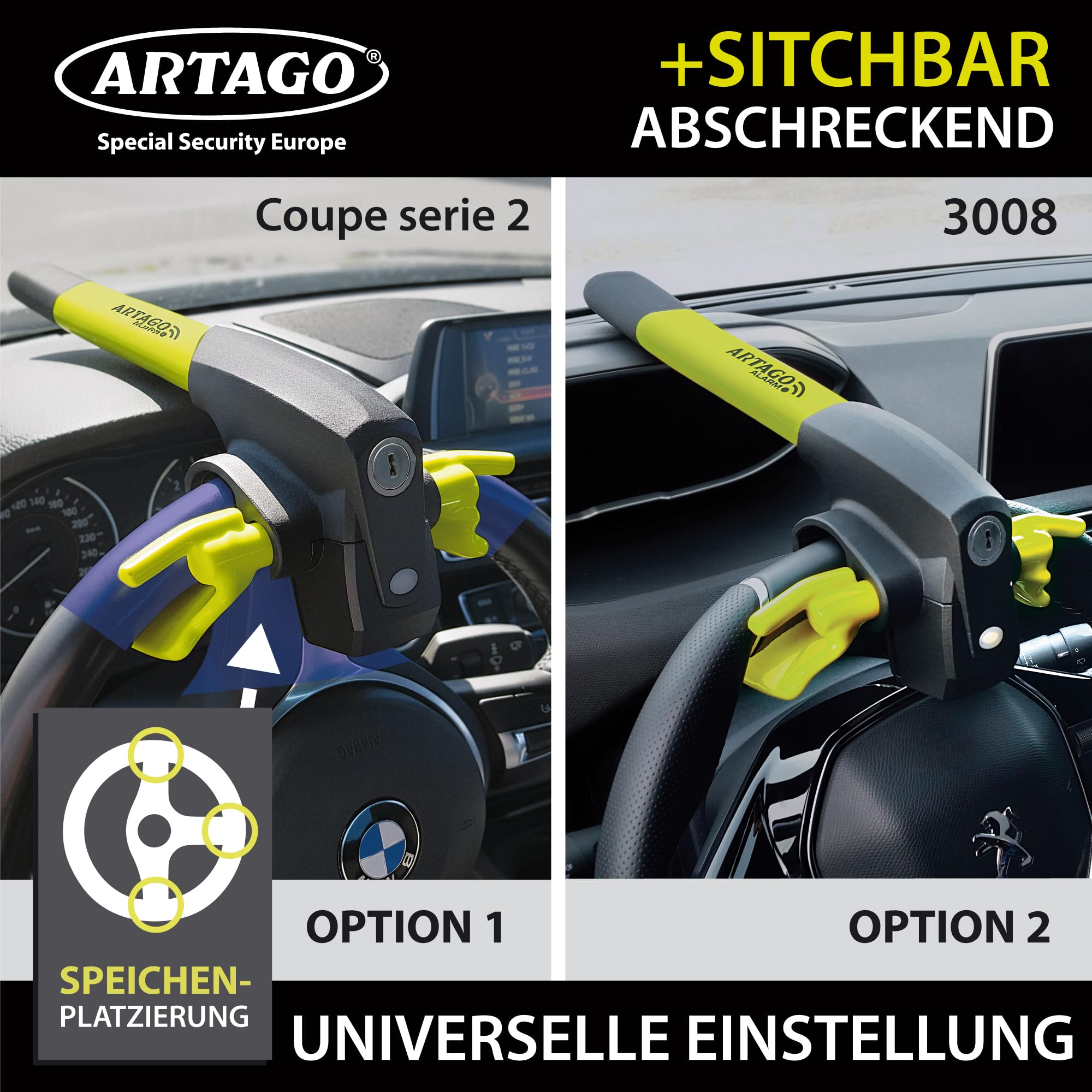 ARTAGO 870 Hochwertige Lenkradkralle 2in1 Ohne/Mit Alarm 120dB+LED, Sicherer und Abschreckender Lenkradsperre um die Lenkradspeiche, Fortschrittlichste Lenkradschloss zur Auto-Diebstahlsicherung