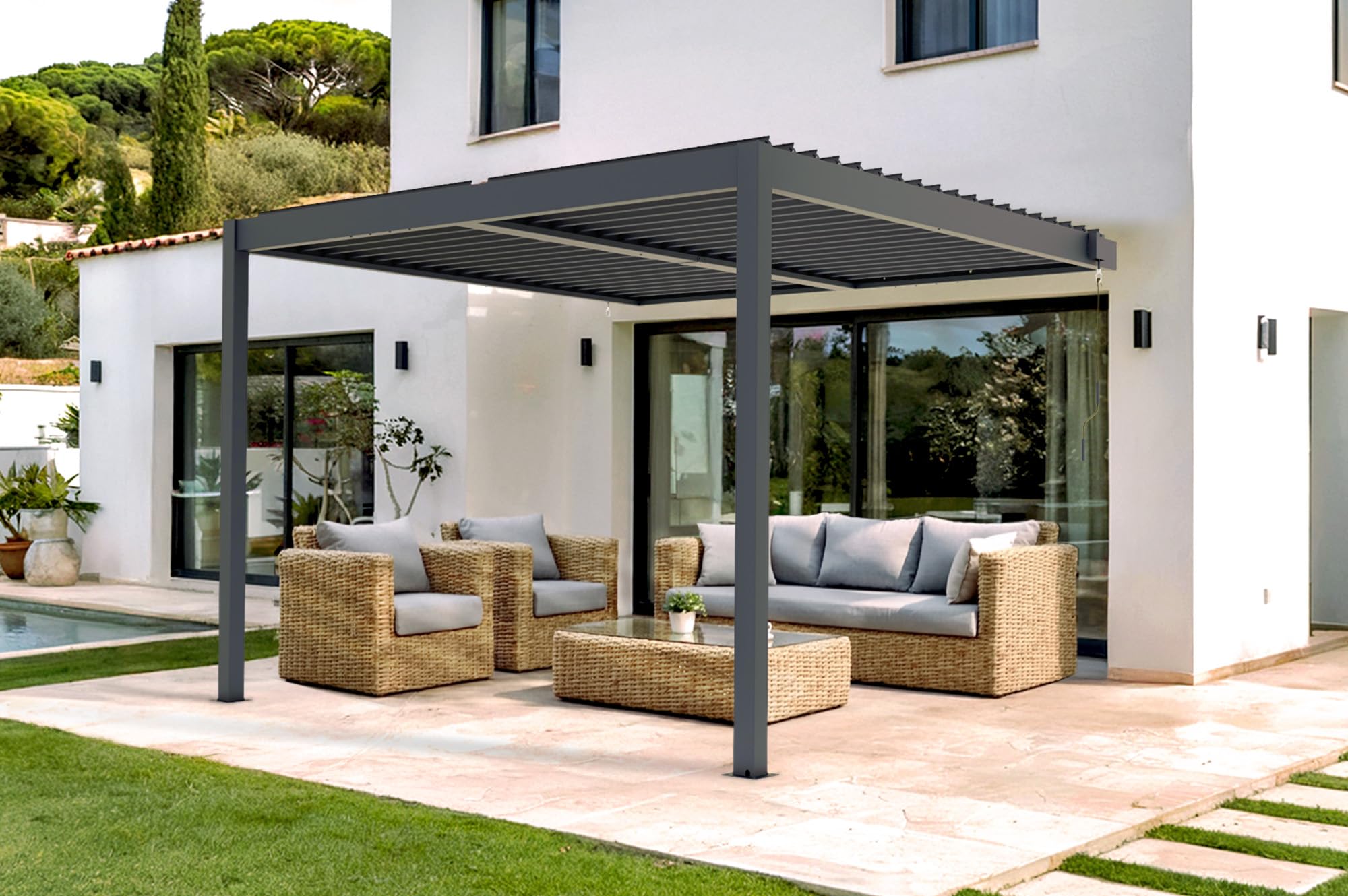 CAZEBOO Pergola Bioclimatique 3x3 m Adossée Piana – Tonnelle de Jardin Abri Terrasse Aluminium Taupe – Lames Orientables Acier – Résistante Vent – Protection Soleil Pluie – Montage Facile Durable