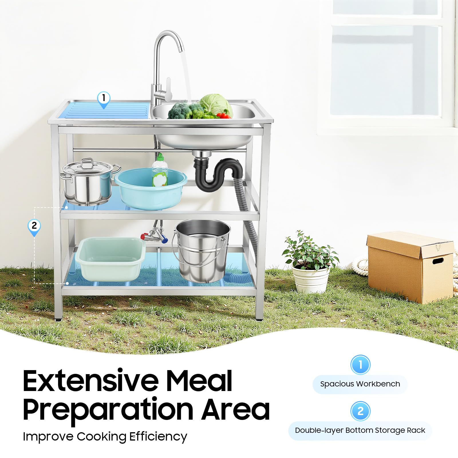 Fregadero de cocina independiente para exteriores, fregadero de acero inoxidable, grifo de lavabo, encimera multifuncional, fregadero, fregadero de agua para cocinas, cafés y bares (75 x 40 x 78 cm)