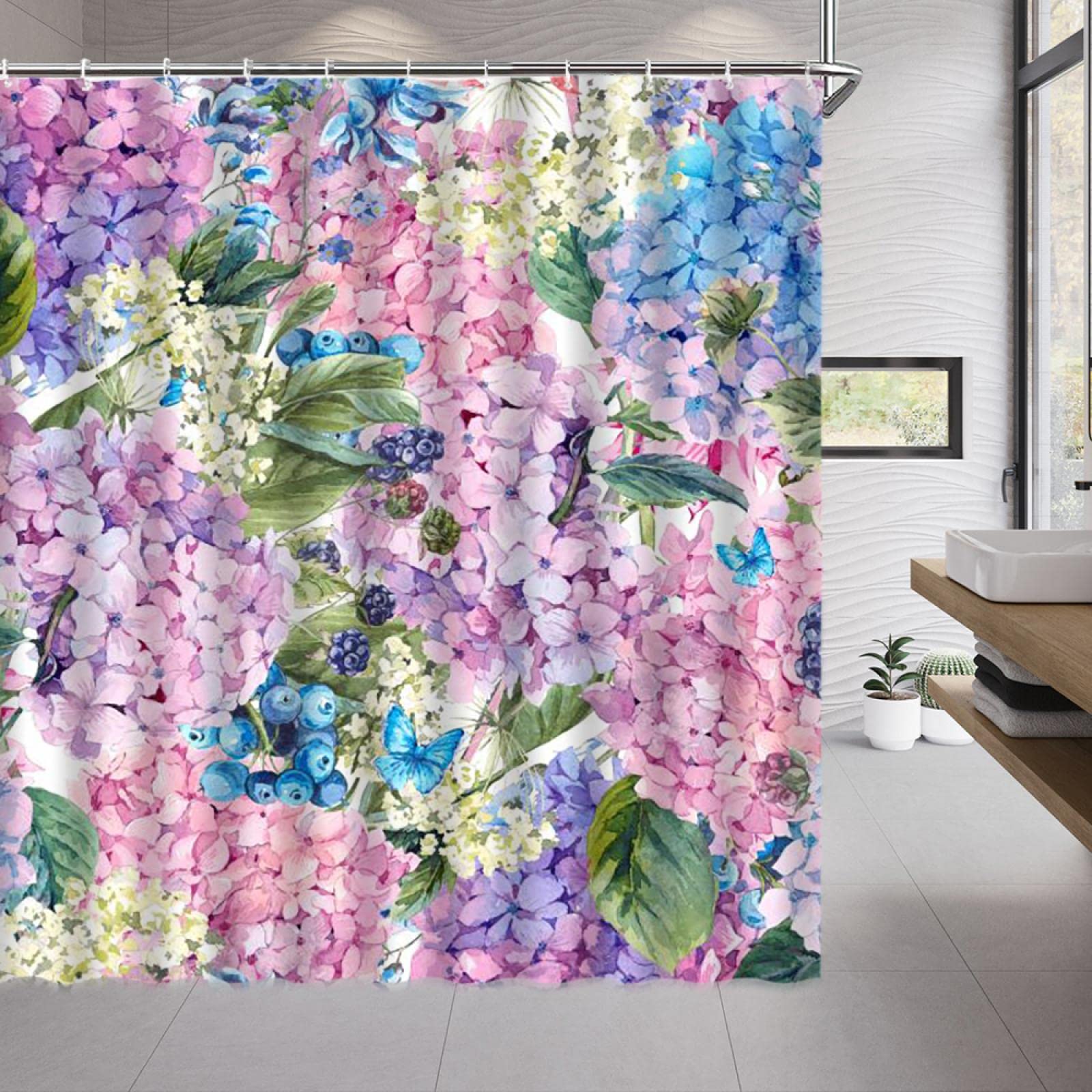 Rideau de douche papillon fleurs vert forêt 120x150cm en tissu pour décorer votre salle de bain