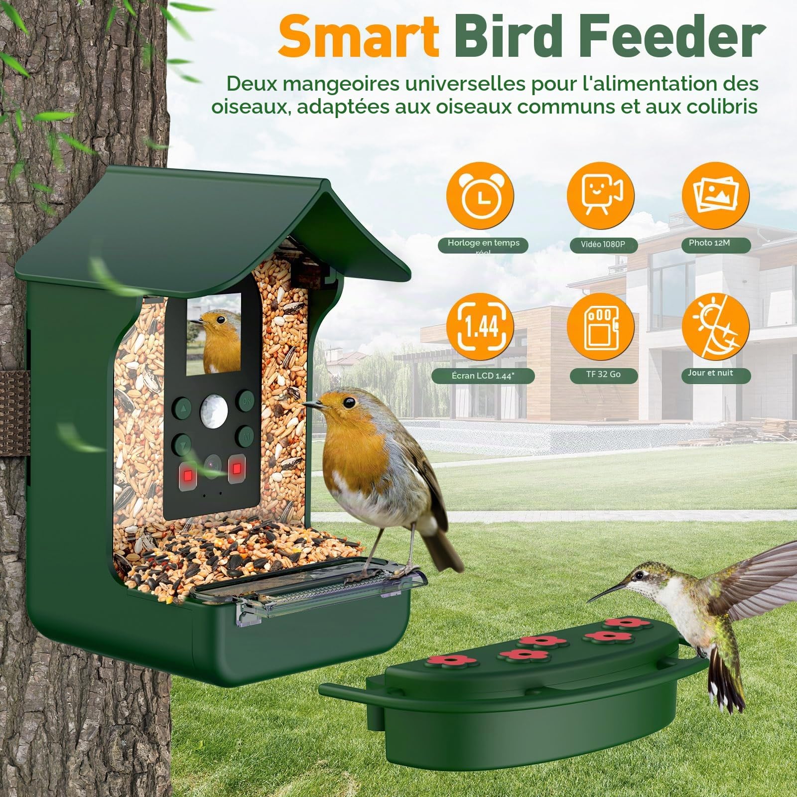 Mangeoire Oiseaux Camera, 1080P HD Vision Nocturne Mangeoire Oiseaux Exterieur Camera Intelligente Capture Automatique D’Images/Vidéos Microphone Intégré avec Mangeoire à Oiseaux Colibri