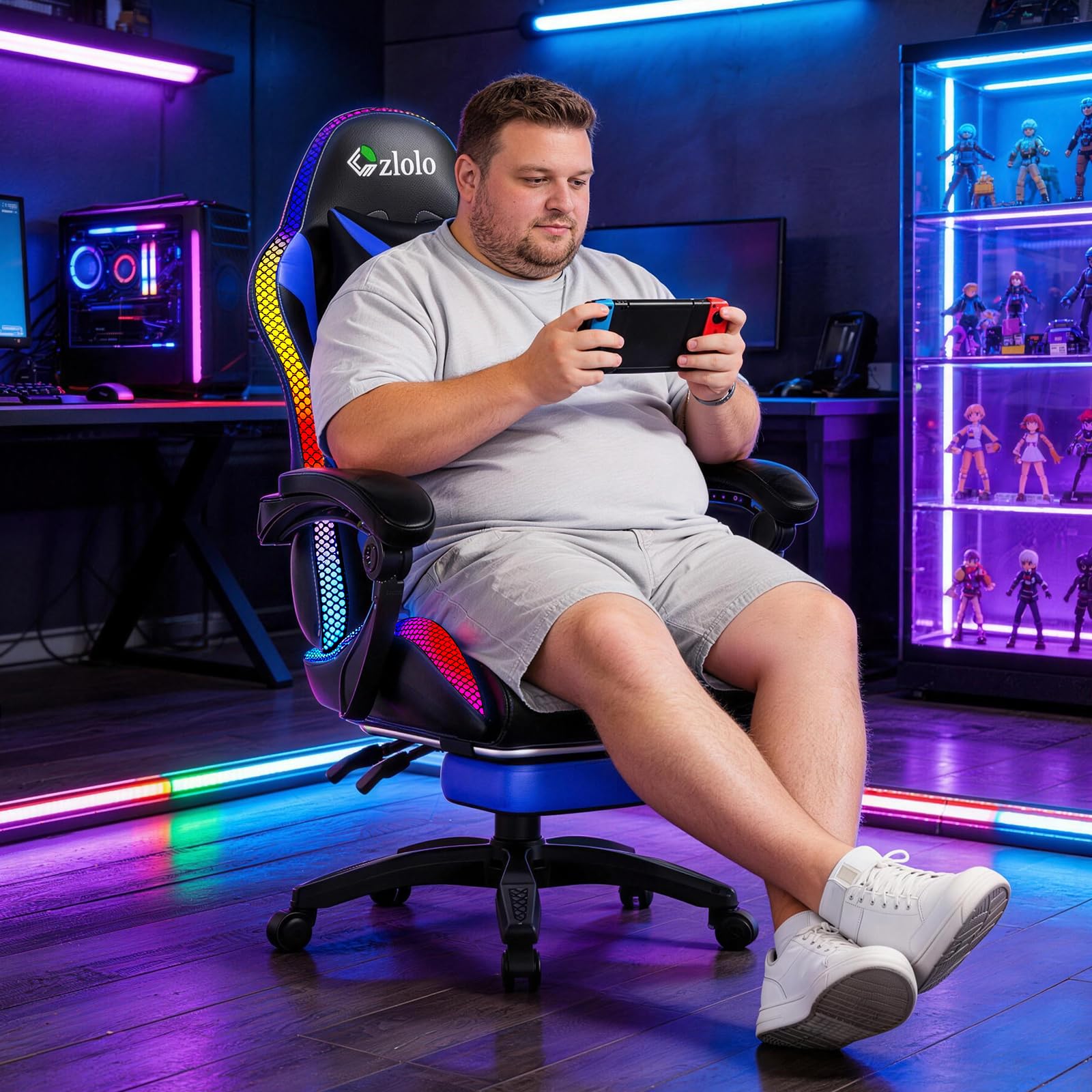 Czlolo Gaming Stuhl, RGB LED-Licht Gaming Sessel mit Fußstützen, Ergonomische Bürostuhl, Gaming PC Chair für Erwachsene und Kinder, Computer Stuhl mit Kopfstütze und Massge, Höhenverstellbar, Blau