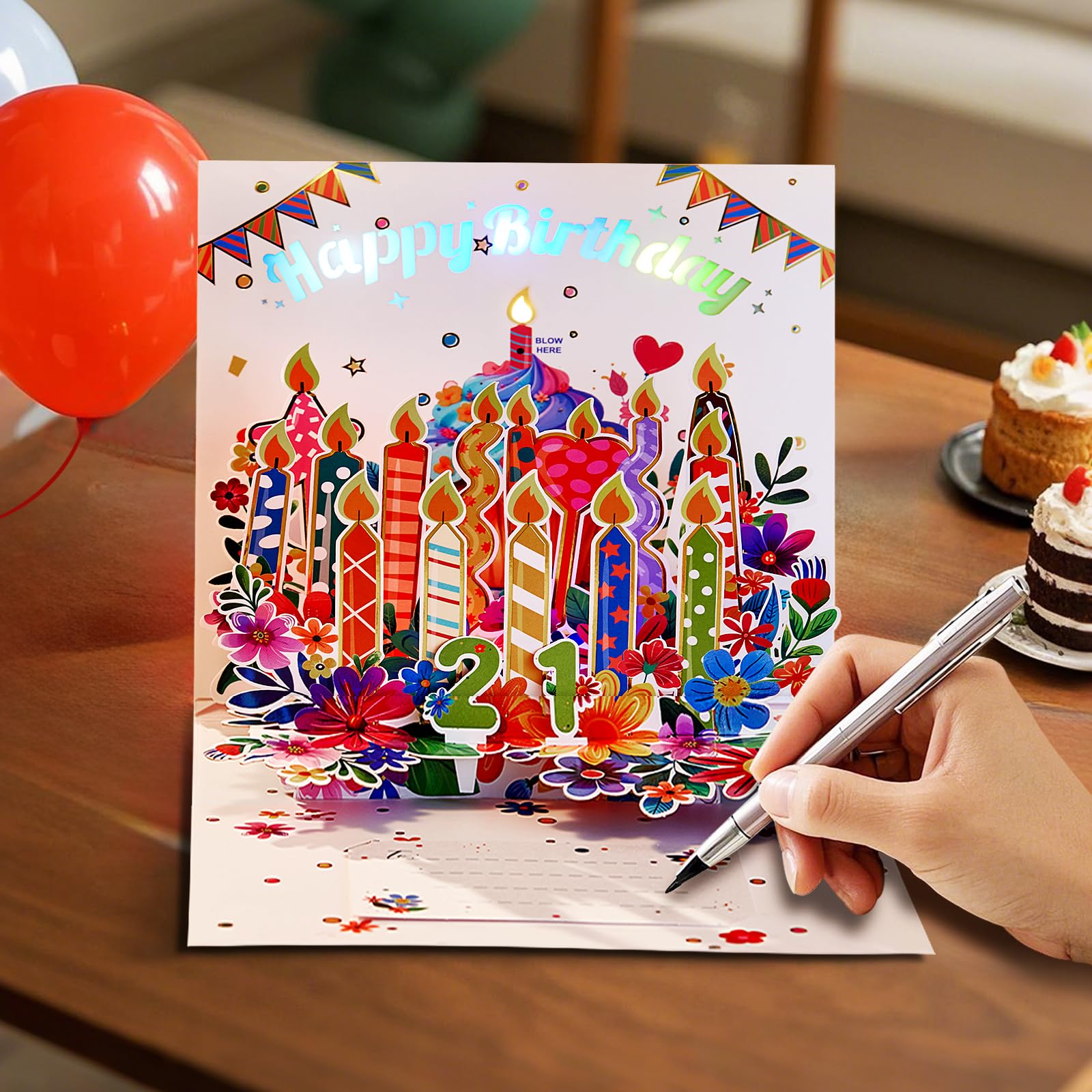 LoveEcho Blasbare musikalische 3D-Pop-Up-Musikkarte mit LED-Licht und Musik "Happy Birthday to You", 3D-Geburtstagskarte mit Notizkarte und Umschlag für die Ehefrau, Mutter, Oma, Tochter, Schwester,