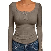 Kissfix Long Sleeve Shirts for Women Fall Winter Henley Tops Business Casual Ribbed Blouses Date Night Trendy Outfits