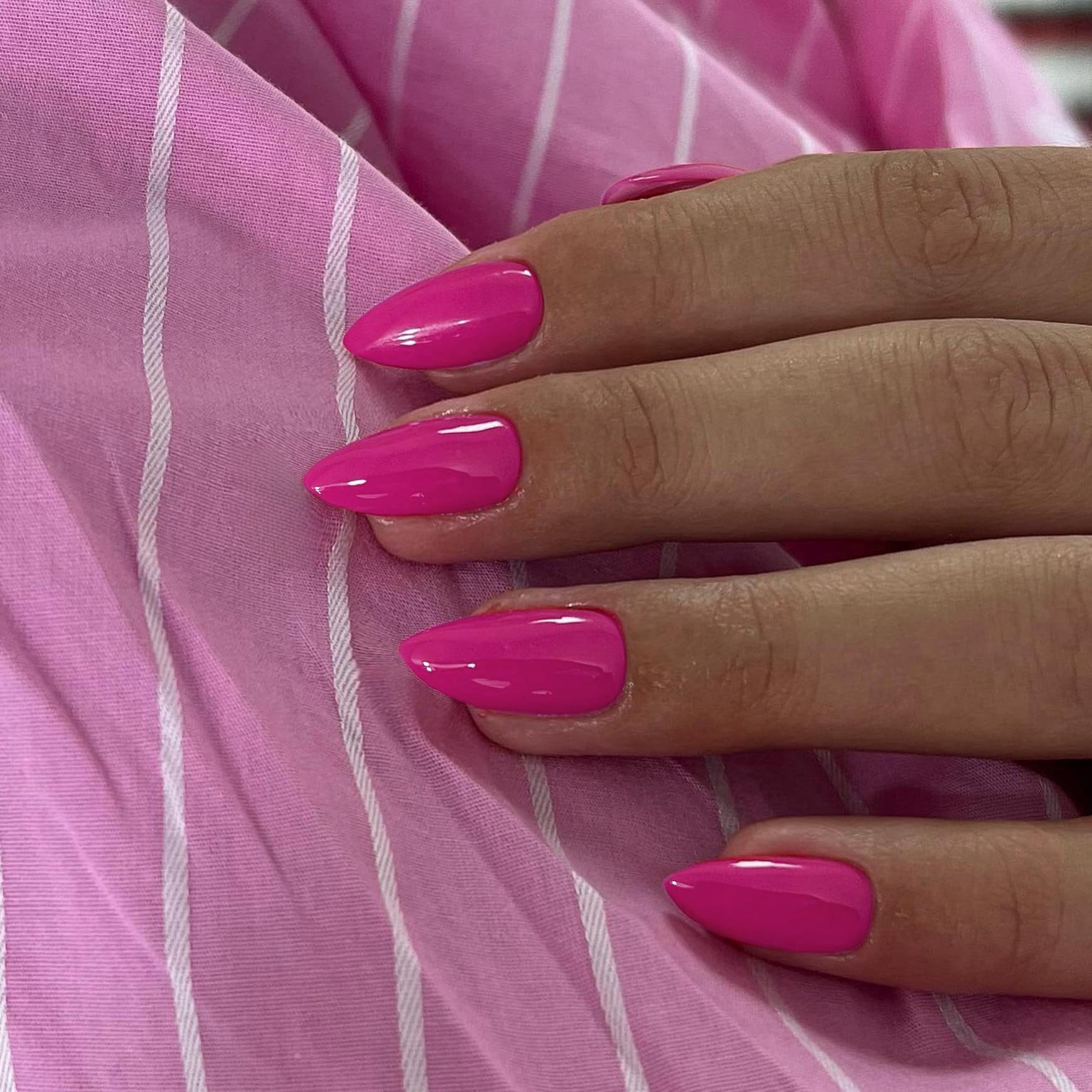 Hot Pink Nails Press on, Neon Press on Nails Short Almond Shaped, SXVME Fushia Glue on Nails Short Fake Nails, Best Thick Acrylic False Nails, Glossy Solid Colored Stick on Nails for Women 30Pcs