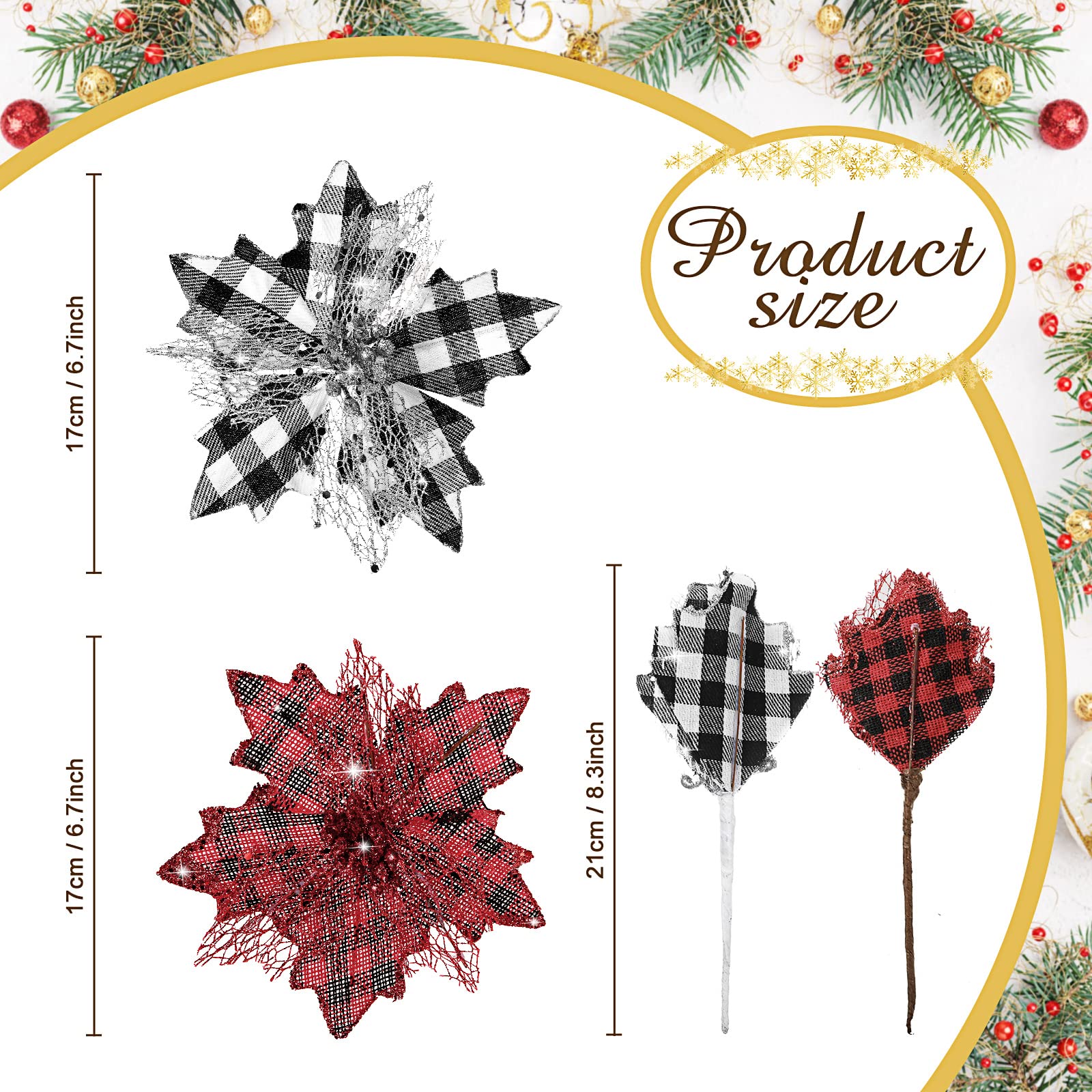 Nœud Topper de Sapin de Noël Large Ornements d'arbre de Noël Suspendus Décoratifs et 6,7 Pouces Fleurs de Noël Artificielles (Carreaux Rouges Noirs et Carreaux Noirs Blancs, 13 x 30 Pouces)