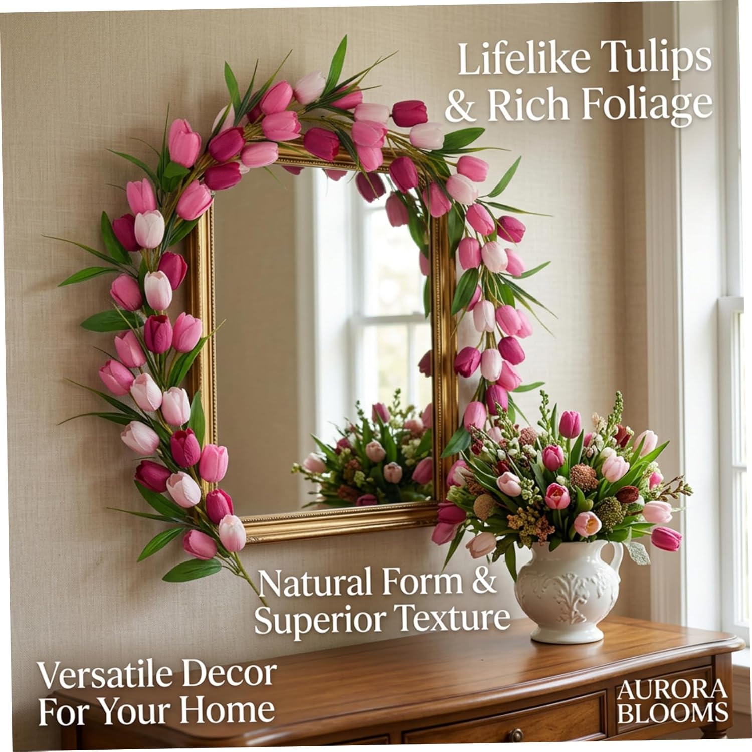 Floral Garlands for Decoration, 70.8-Inch Artificial Tulips Spring Garland for Mantle, Wall, Door and Wedding Valentine's Day Home, Pet Decors