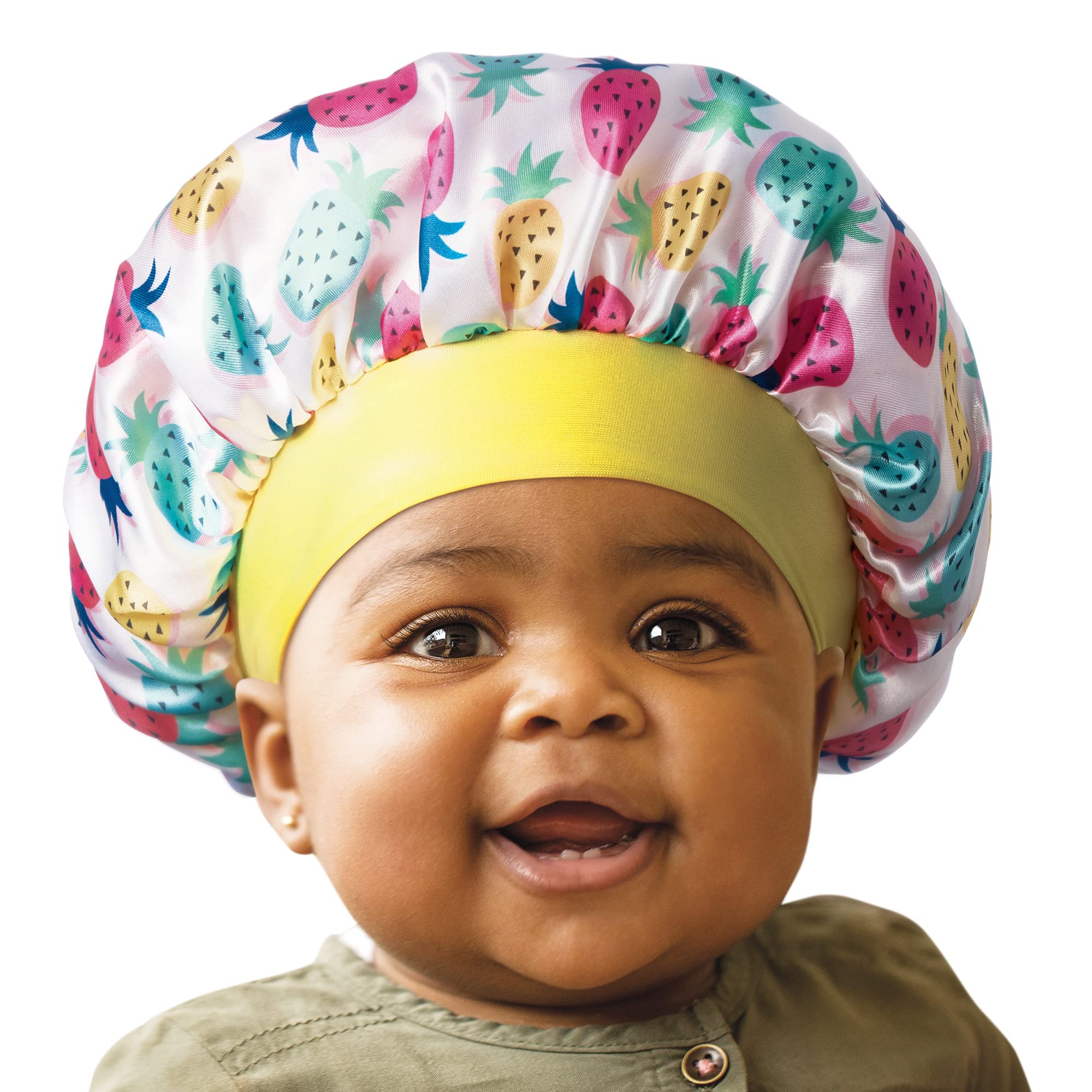 Red by KissBaby Satin Bonnet Sleep Cap for Infants, Soft, Stretchy, and Safe, Protects Baby Hair from Frizz & Breakage, Friction Bald Spots (Rainbow Pineapple, 6-18M)