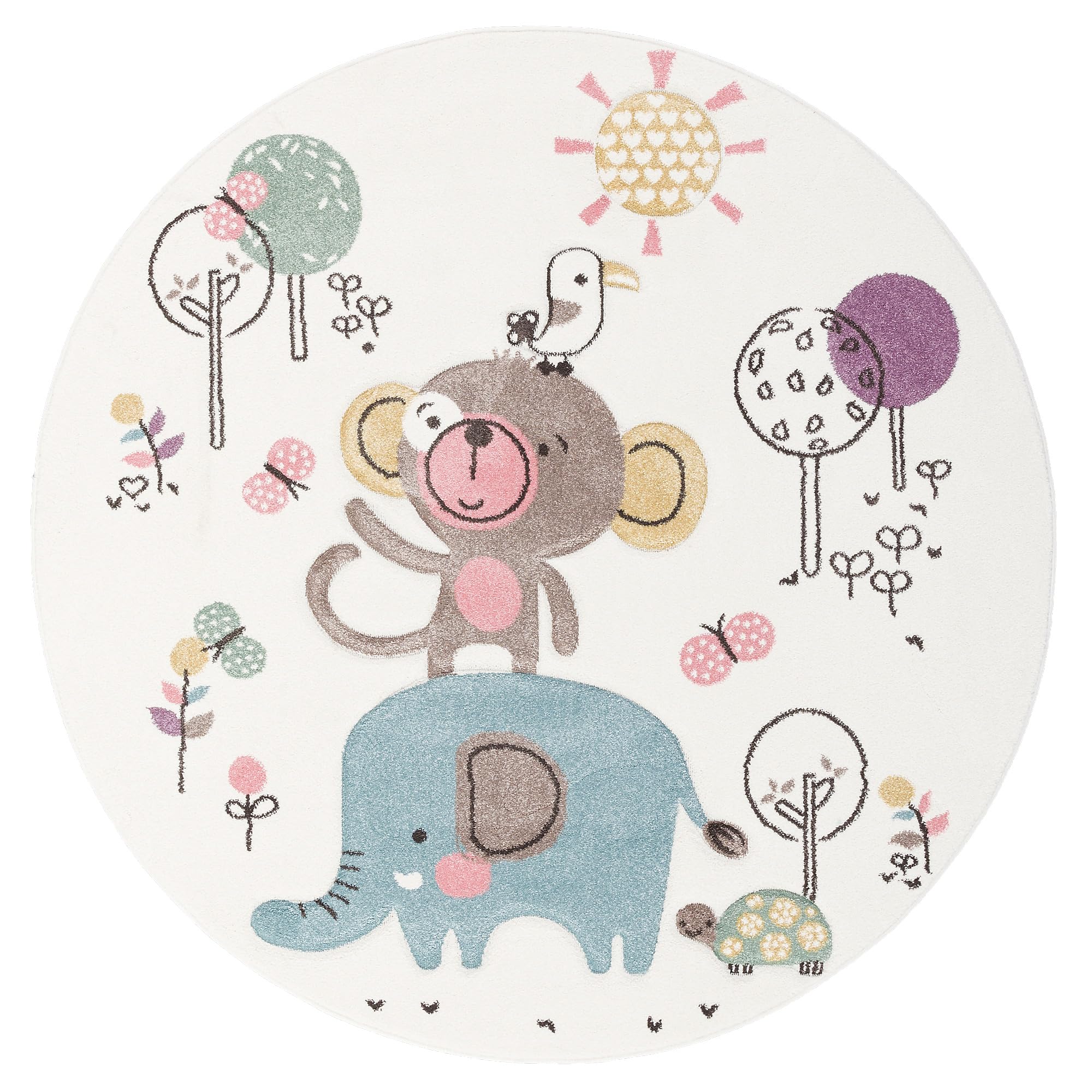 Pergamon Maui Kids - Tappeto Bambini - Animali Divertenti - Crema - Rotondo - 3 Dimensioni