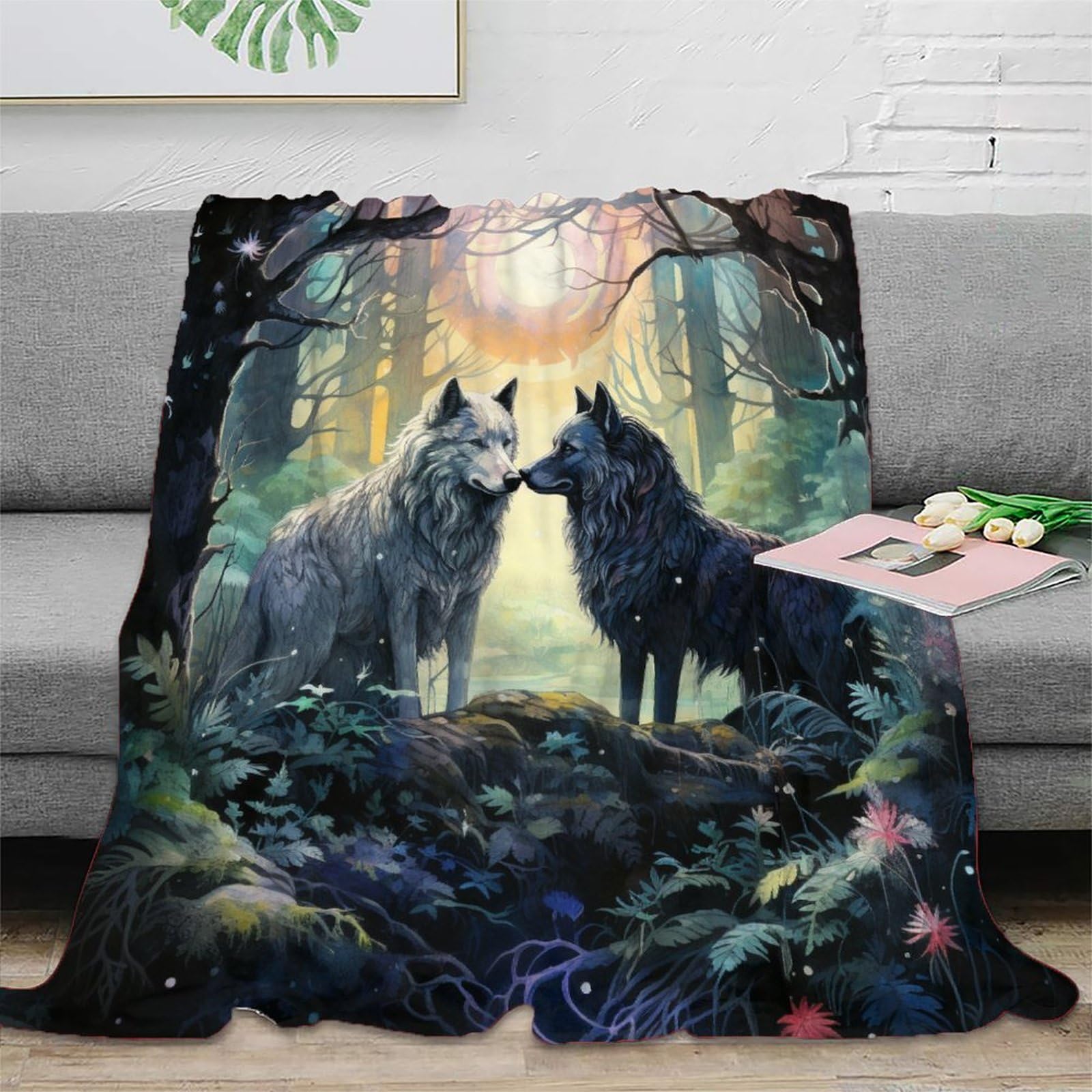 Two Wolves Animal Printed Blanket,Ultra Warm Blanket, Living Blanket, Soft And Comfortable Throw, Sofa Blanket 40x50inch(100x130cm)