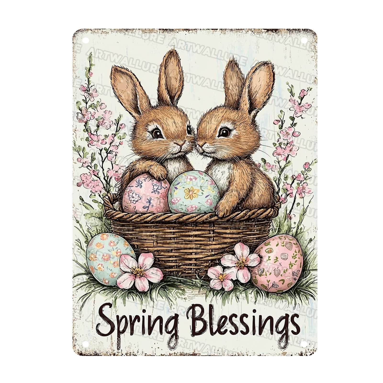Easter Tin Sign Rabbit Spring Blessing Vintage Metal Sign Retro Easter Decor for Home Living Room Yard Garden Wall Decor 12x16Inch