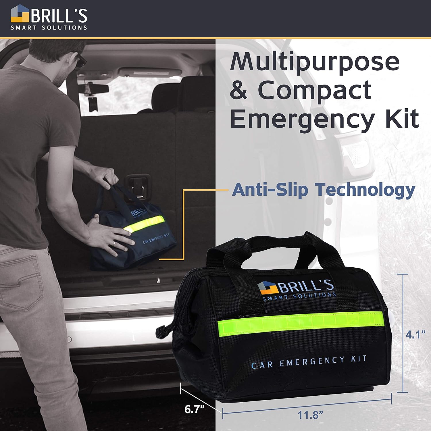 BRILL'S SMART SOLUTIONS Car Emergency Roadside Tool Kit- Auto Assistance kit Includes: First Aid kit, Warning Triangle, Jumper Cable, SOS Flashlight with Hummer, Warming Bags, Blanket and More