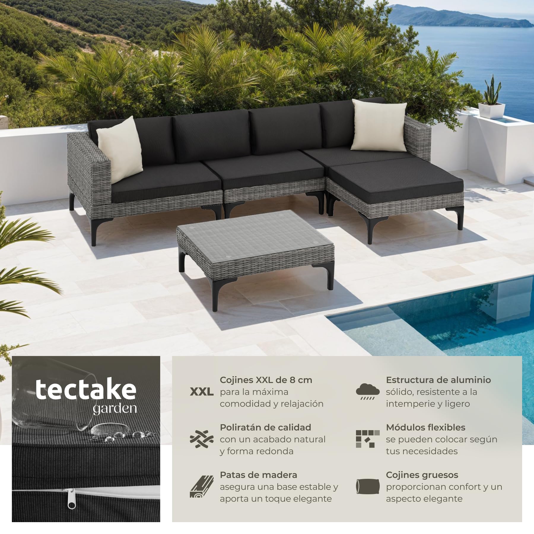 TecTake® Conjunto Jardín en Ratán y Aluminio, Cojines 8 cm, Conjunto Terraza Resistente a la Intemperie, Muebles Jardín Exterior 1 Sillón, 1 Taburete, 1 Mesa con Cristal, Fundas Extraíbles - Gris