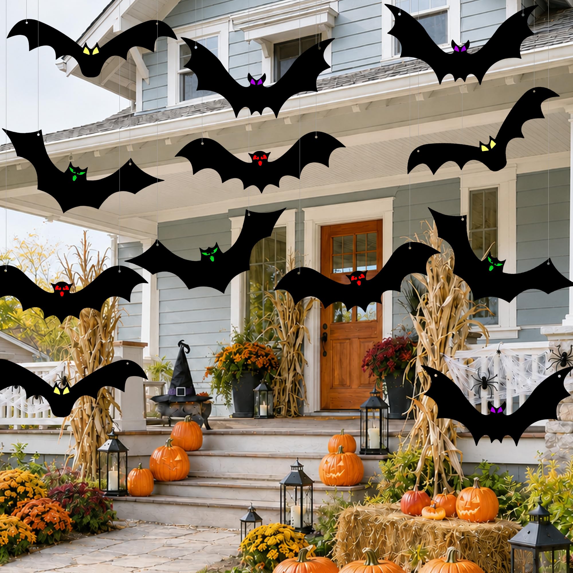 16Pcs Halloween Decorations Set Hanging Bat with Glowing Eyes in 4 Styles