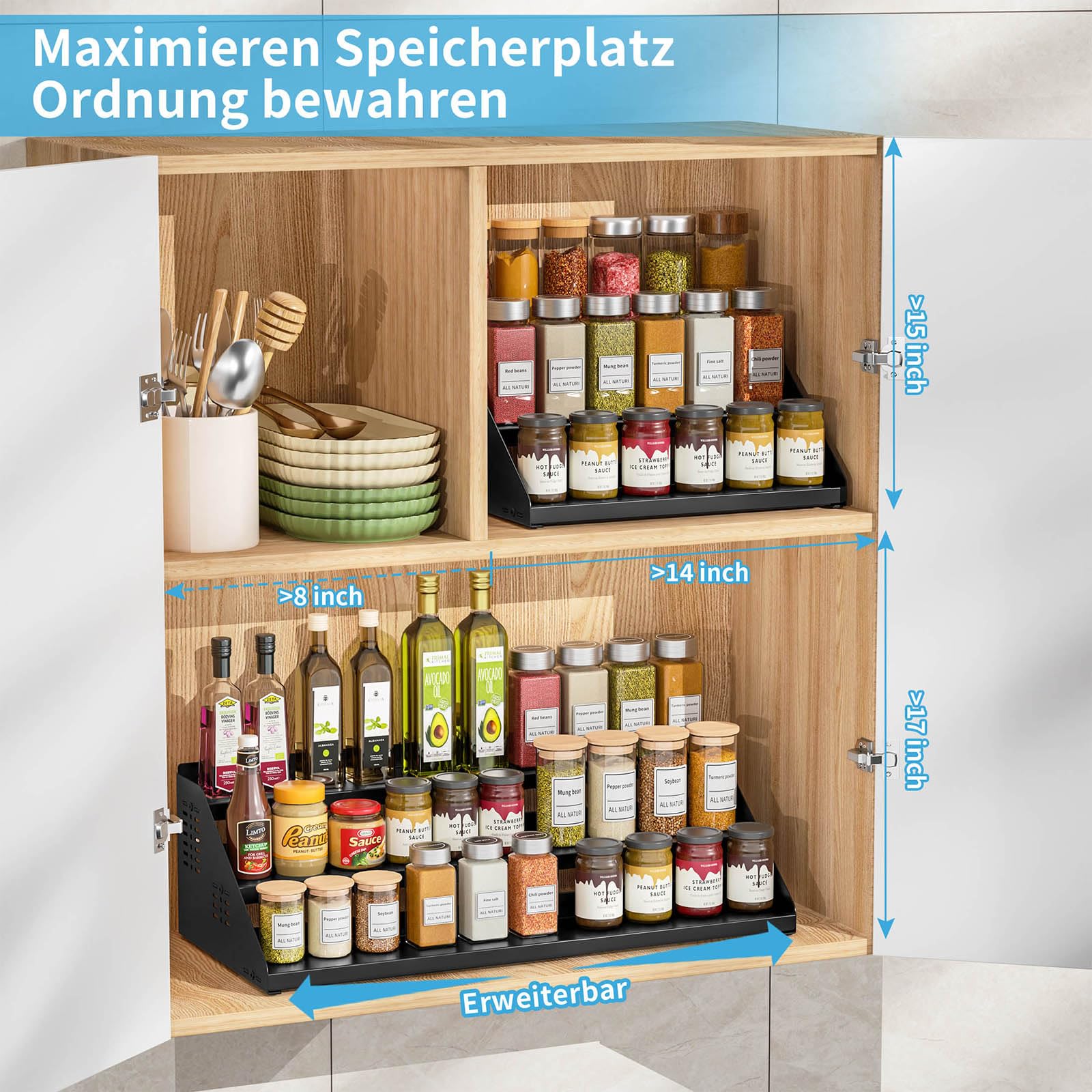 Gewürzregal mit 3 Ebenen, Küchenregal-Organizer, Gewürze Organizer, Erweiterbar Metall Schrank-Organizer Küche von 34cm bis 55cm, für Arbeitsplatte, Küche, Esszimmer-schwarz