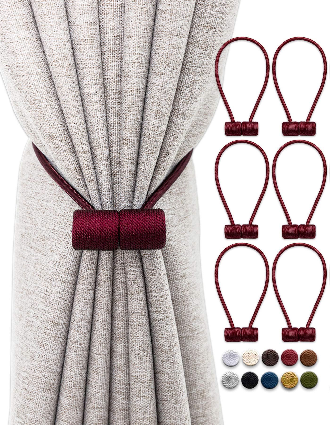 OUdini Curtain Tiebacks, Drapery Tiebacks Curtain Holdback Rope Curtain Holder Buckles for Blackout/Sheer Window Treatment/Wine Red/6Pcs