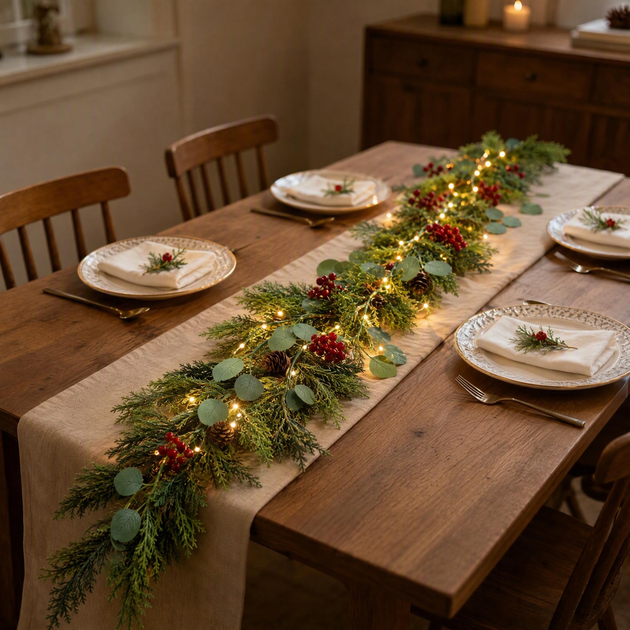 6FT Norfolk Pine Garland​ with Lights, Prelit Christmas Garland，C