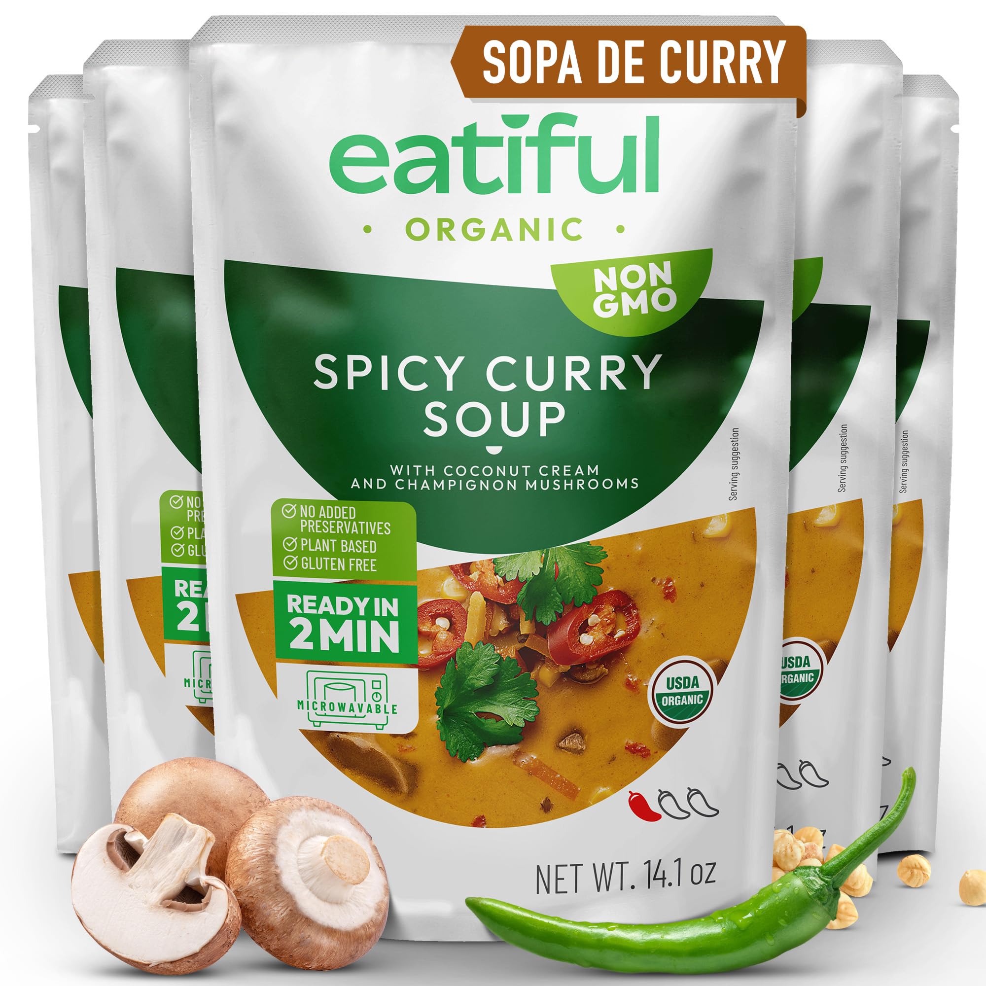 EATIFUL Sopa De Curry, Elaborada Con Verduras Orgánicas, Sopa De Curry Tailandesa Vegana Lista Para Comer, Sin Conservantes Añadidos, Sin Gluten, 400g (Paquete De 5 Unidad)