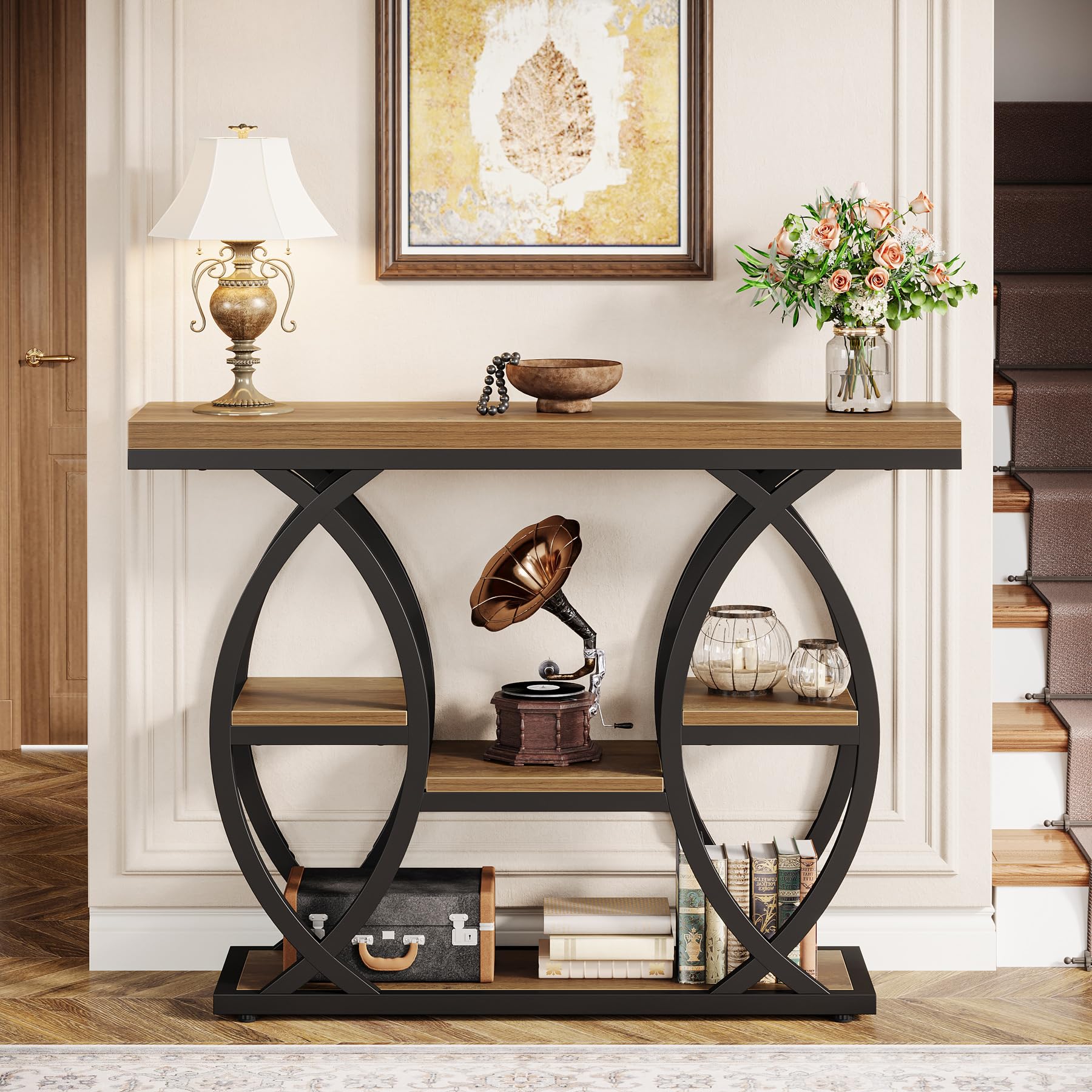 Tribesigns Tavolo consolle da 100 cm, tavolo industriale a 4 livelli con ripiani portaoggetti, tavoli decorativi in legno stretti con telaio in metallo per piccoli spazi, corridoio