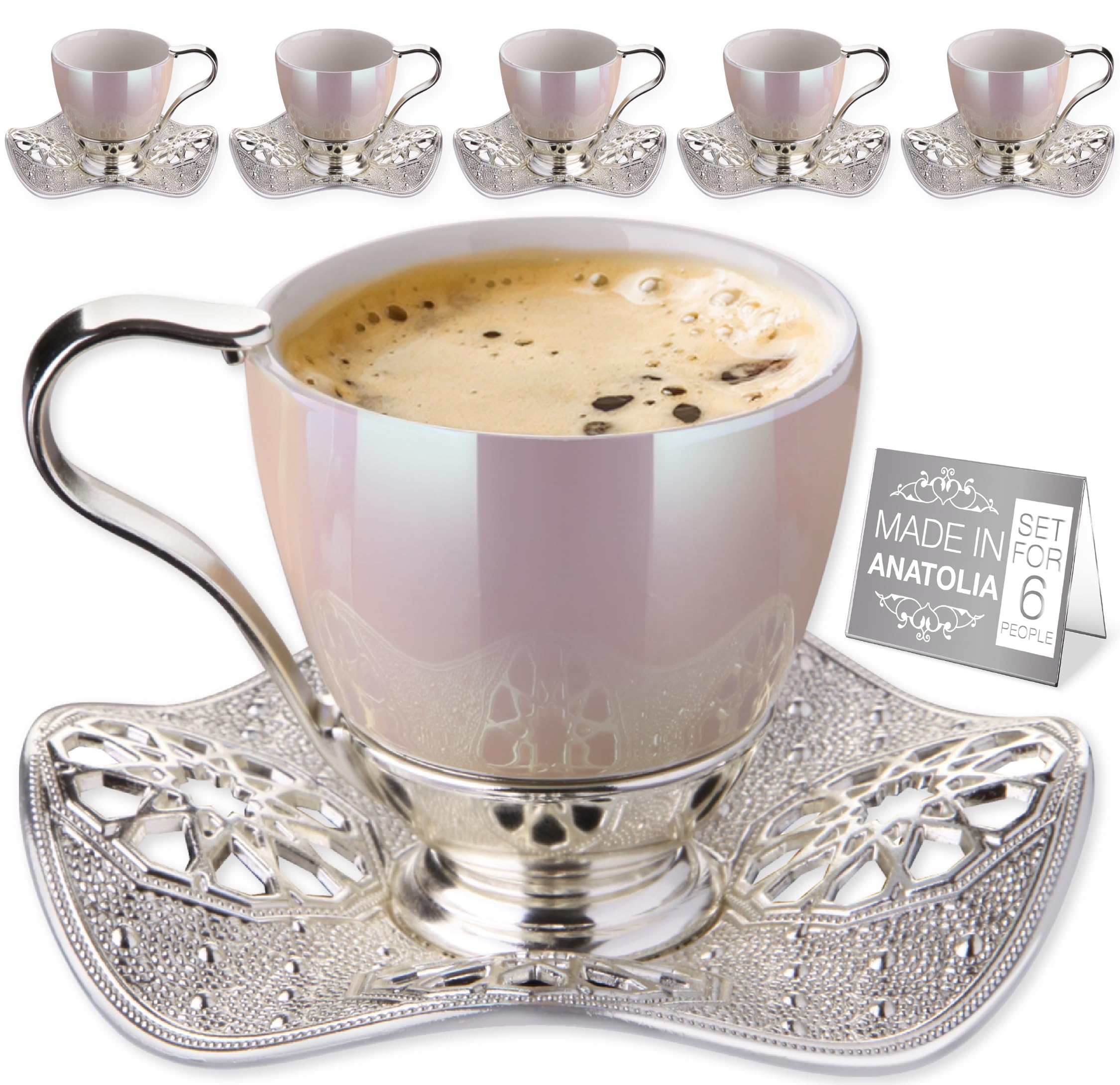 Nisa Turkish Coffee Cup Set for 6 People 3 oz Small Porcelain Mugs with Silver Metal Handles and Wavy Saucers Fancy Espresso Greek Arabic Coffee Cup Set, Pearl and Silver, 18 Pcs, 88 cc