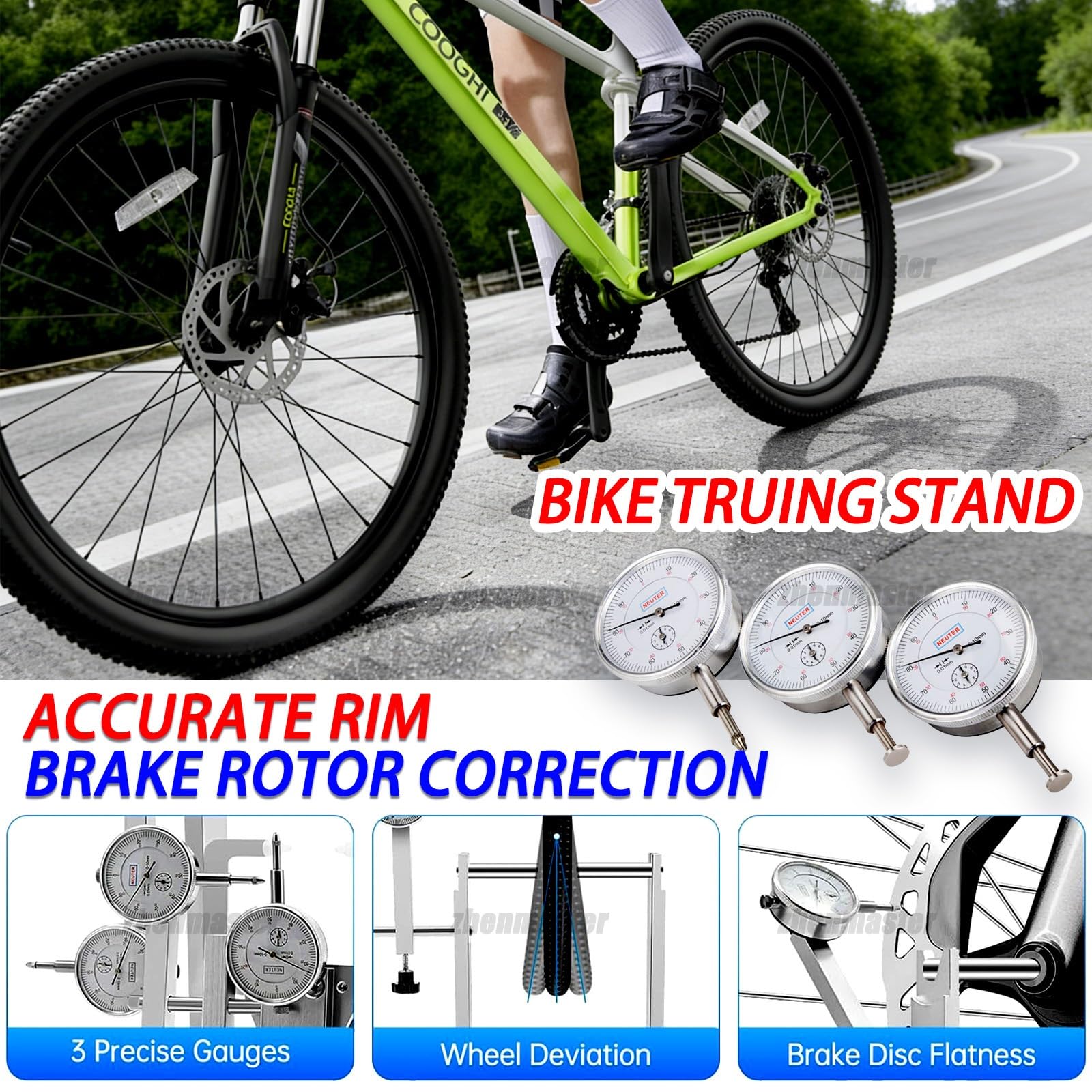 Soporte Profesional para Centrar Ruedas de Bicicleta, Herramienta de Alineación de Llanta de Aleación de Aluminio con 3 Medidores, Llave de Radios para Ruedas de 16 a 29 Pulgadas(Gold)