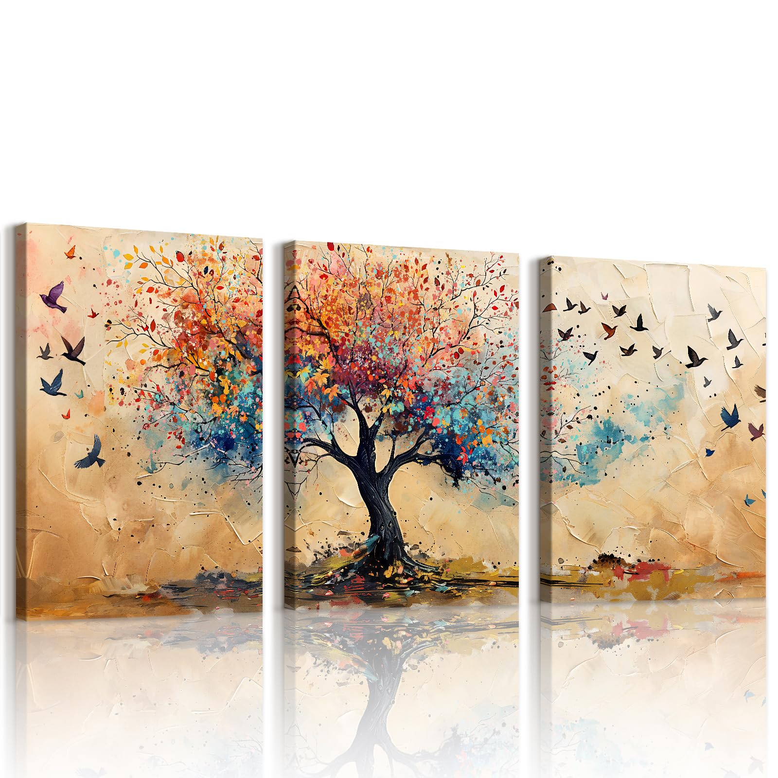 WENGTIAO Set of 3 Colorful Tree of Life Canvas Wall Art Prints Framed, Vintage Abstract Colorful Tree Flying Birds Pictures on Canvas Modern Living Room Bedroom Wall Decor 40x60cmx3 — image 1