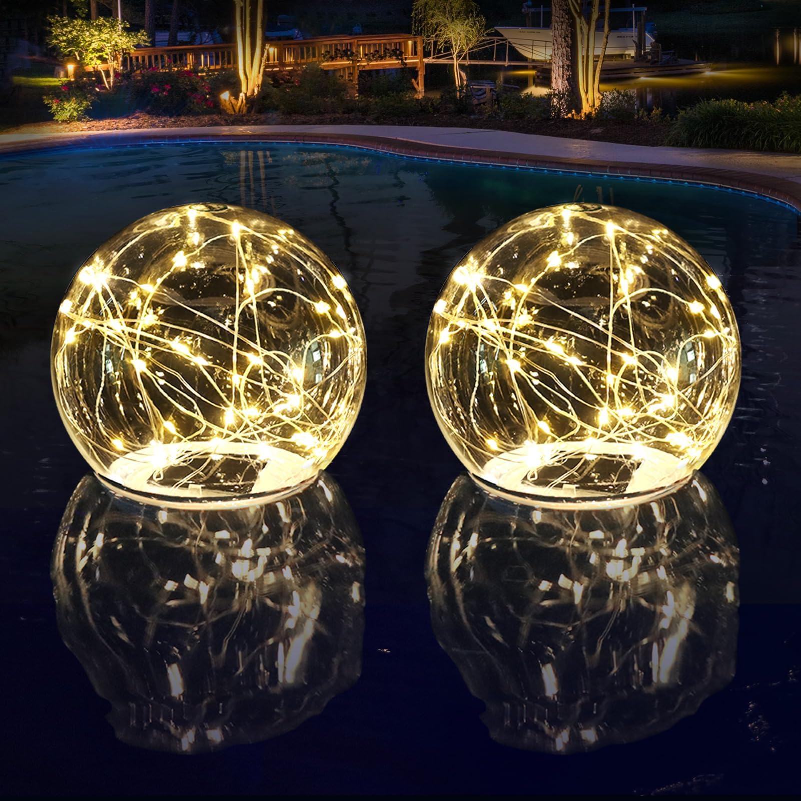 Floating Pool Lights Solar Powered, 6.5 Inch Warm White Light Up Solar Pool Lights That Float, Updated Waterproof Floating Pool Balls for Patio Party Decor(2 Piece)