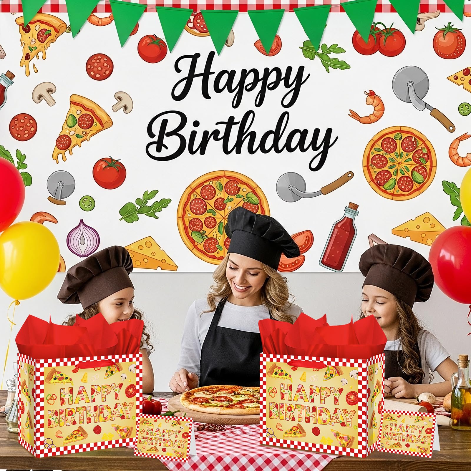 Woosytoo Pizza Birthday Decorations Bag Large Pizza Happy Birthday Paper Bag with Tissue Paper Card Pizza Bday Party Supplies for Kids Festival Bday Cooking Italy Theme Party Supplies