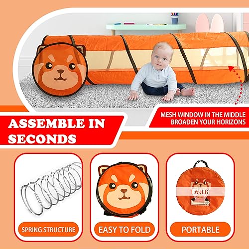 Miniatura 5 de Túnel de juego para niños, panda rojo, túnel de gateo plegable para bebé o mascota con dos ventanas de malla, gran regalo para niños y niñas, túnel