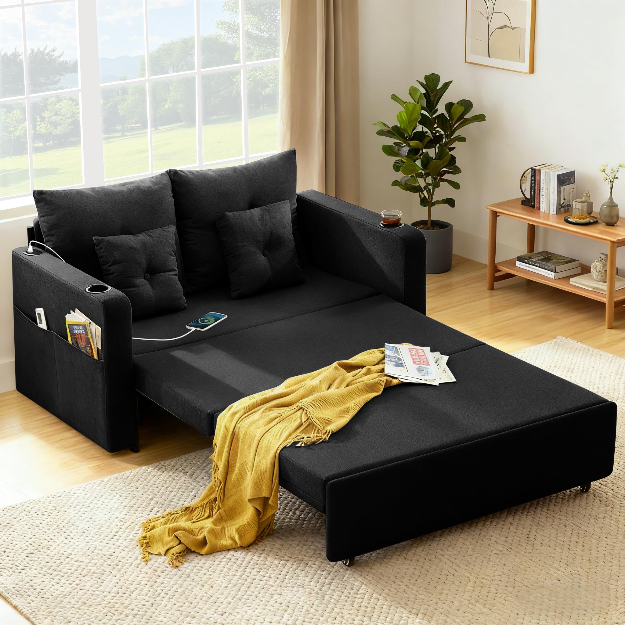 Busaurus Sleeper Sofa Bed, Convertible Pull Out Couch, 56" Full Size Loveseat Sleeper Sofa with 4 Pillows, Pocket & USB, Small Couch Bed for Small