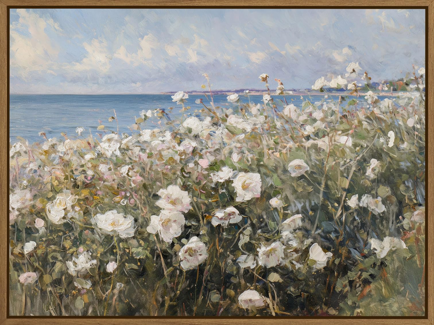 Framed Landscape Wall Art Blue Ocean Theme White Flower Pictures Wall Decor Abstract Floral Painting Prints Modern Seascape Artwork for Living Room Bedroom Bathroom Home Office Decoration, 12''x16''