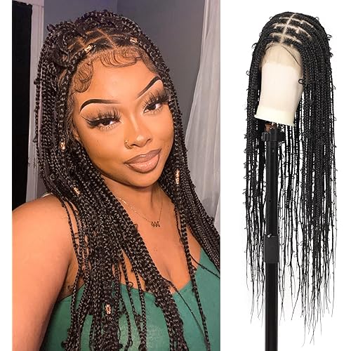 Lexqui 36" 13x8 HD Lace Front Braided Wigs for Women Knotless Braided Wigs Butterfly Box Braid Wig with Baby Hair Free Parting Synthetic Hair Braided Lace Front Wigs Natural Black