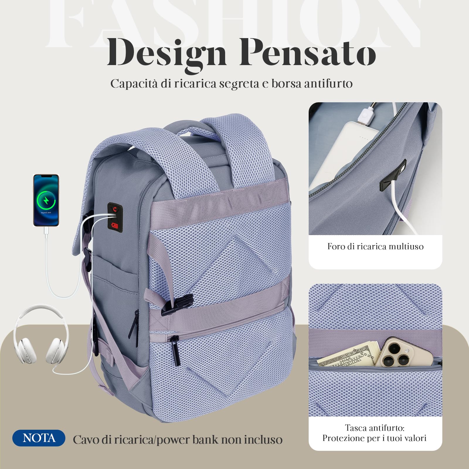 per Zaino Ryanair 40x20x25,Bagaglio a Mano 40x20x25 per Ryanair,Zaino da Viaggio Aereo Bagaglio a Mano per Più Compagnie Aeree con Foro di Ricarica e Tasca Antifurto