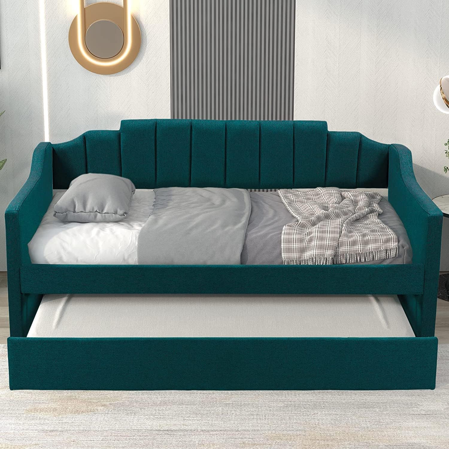 Full Size Upholstered Daybed with Pop Up Trundle and USB