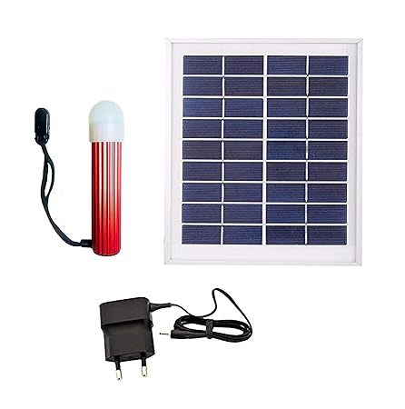 Saish Solutions Solar Rechargeable AC DC LED Torch Light for Emergency Lighting, Dual Charging Option, Diffuser Cap for Eye Protection, Hanging String, Electric Charger and 6 Volts 3 Watts Solar Panel
