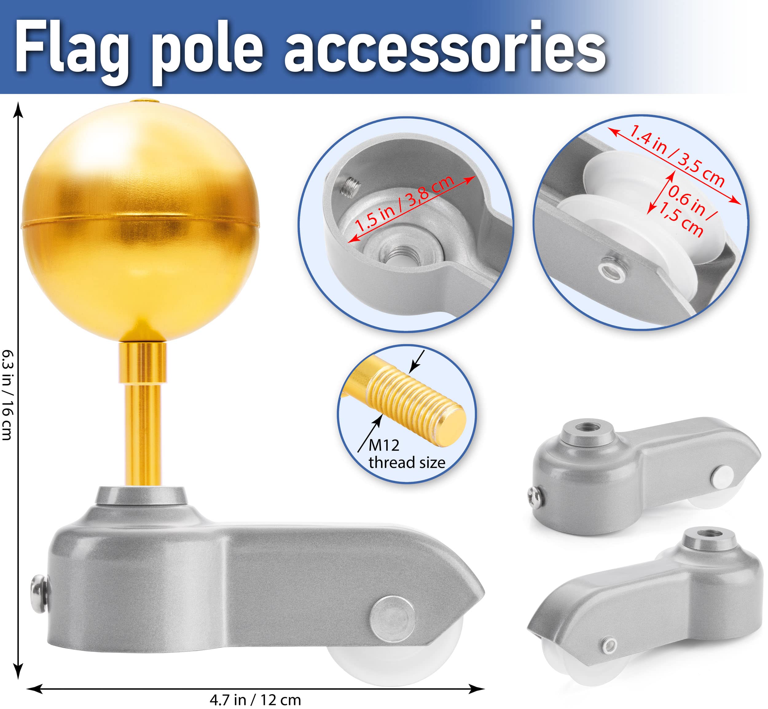 BRUBAKER Flag Pole Repair Kit - Aluminum Hardware Parts Replacement Sections for Flagpoles with 1.5 in Diameter - Topper Gold Ball M12 Thread + Rope + Cleat Hook + Snap Hooks + Pulley Truck Top