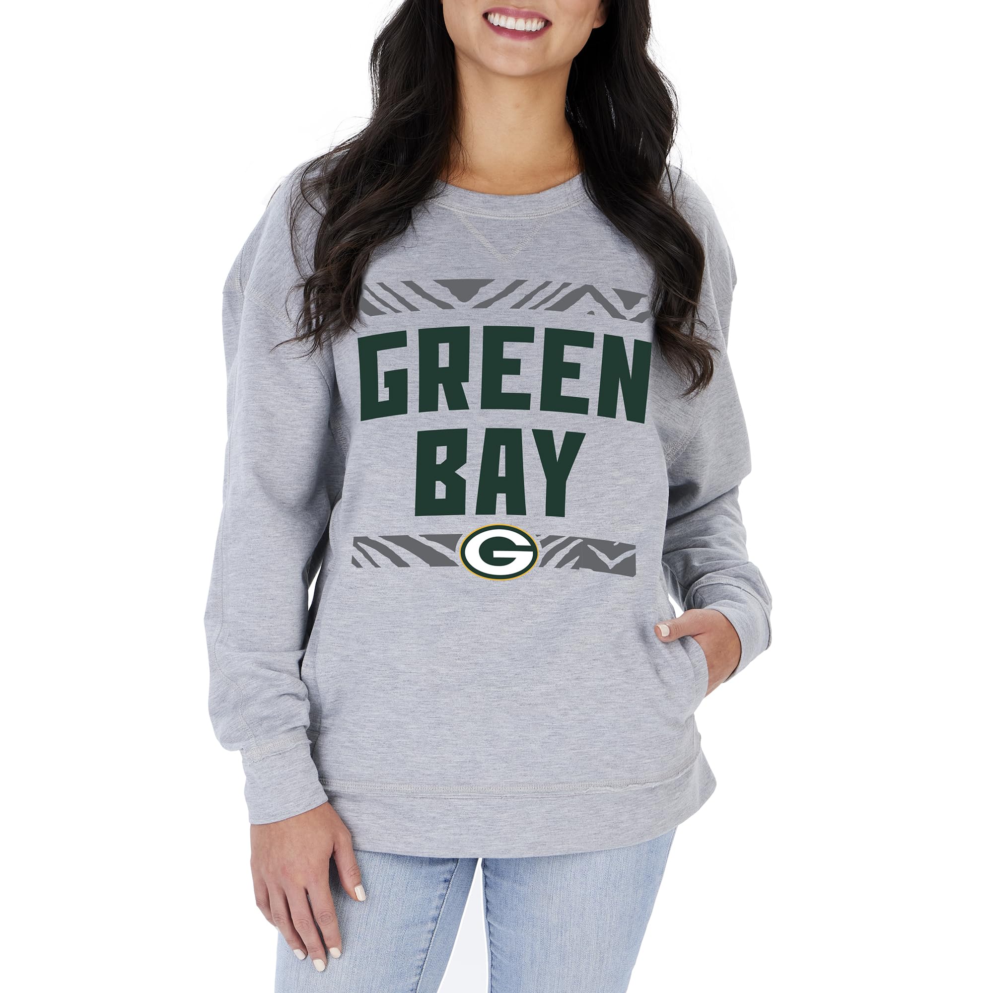 Zubaz NFL Womens Team Slogan Heather Grey, Oversized, Crewneck Sweatshirt With Pocket