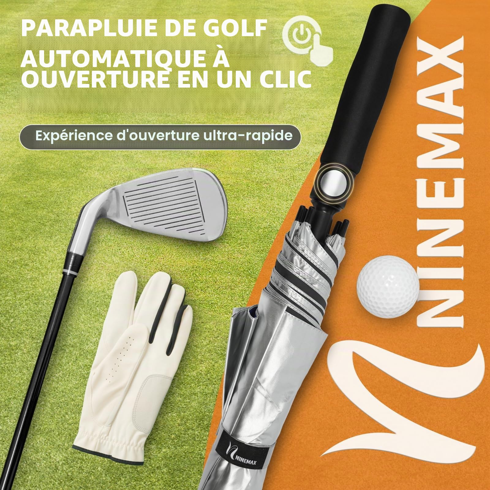 NINEMAX Grand Parapluie Soleil Anti UV XXL Ombrelle Solide Anti Vent Résistant pour 2 Personnes Argent Noir