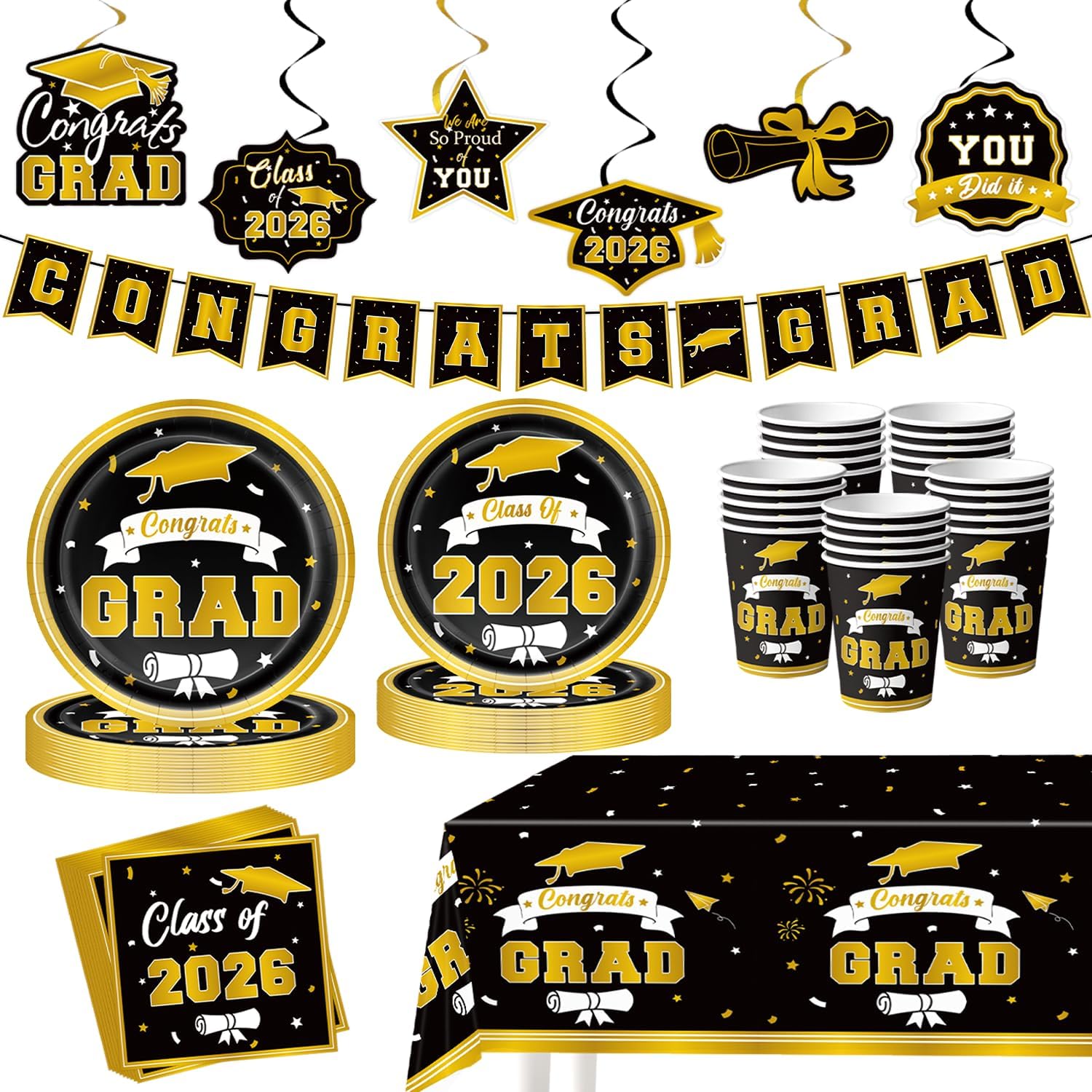 2026 Graduation Decorations for Party, Blue Plates Napkins Cups Tablecloth with Congrats Grad Hanging Decor for 25 Guests, Congratulations Disposable Party Supplies Favors for College & Middle School