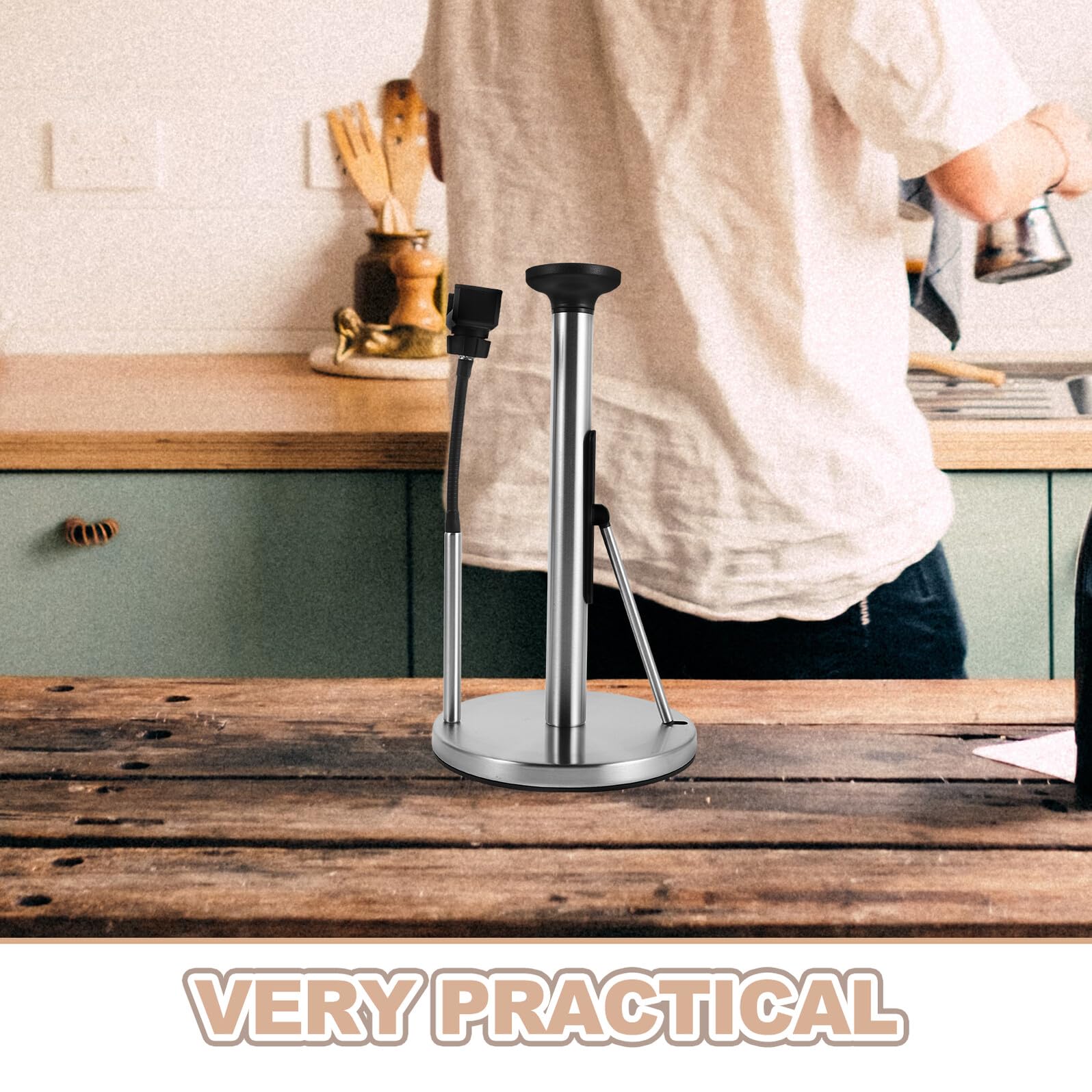 Soporte de Papel de Cocina Metálico Vertical con Base Estable y Soporte para Móvil Organizador para Encimera Diseño Ahorrador de Espacio para Familias y Fiestas