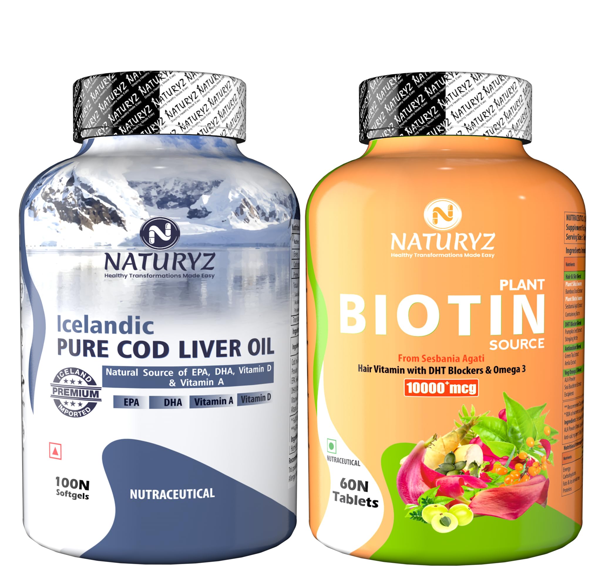 Naturyz Imported Icelandic COD Liver Oil Combo Pack for Immunity Skin Eye Muscle Joint Health & 100% Plant Based Biotin Tablets with High Protein Vitamin DHT Omega 3 for Strong Hairs, Nails Growth (B0C6F4KDP6) Amazon Price History, Amazon Price Tracker