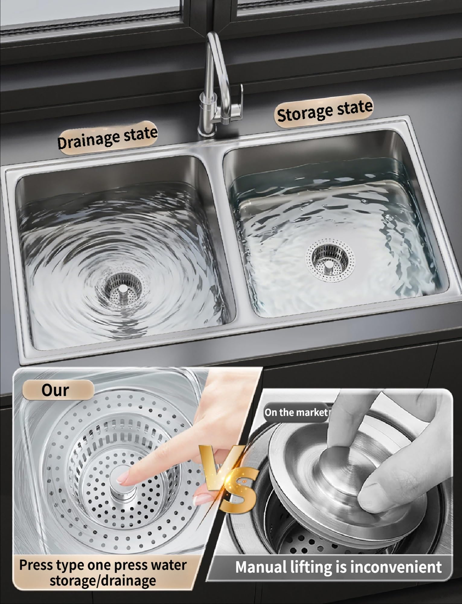 Kit di scarico per lavello da cucina con tappo pop-up, tubo flessibile e regolabile a P e troppopieno, rilascio rapido a pulsante