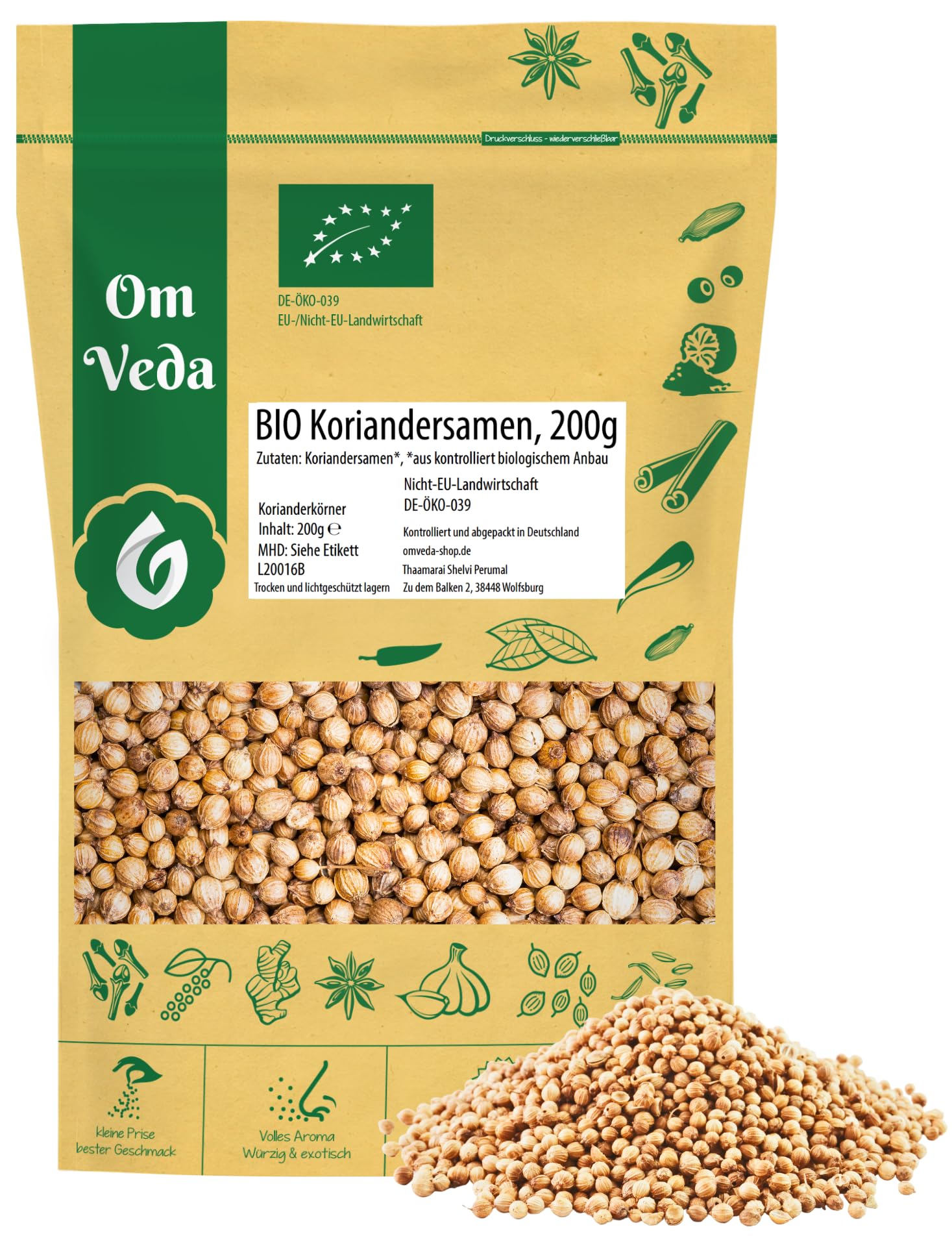 BIO Koriandersamen ganz 200g | Premium Qualität aus biologischem Anbau | Ganze Koriander Samen für Currys, Wokgerichte, Brotgewürz, Chutneys, indische Küche | Vegan, laktosefrei, ohne Zusätze