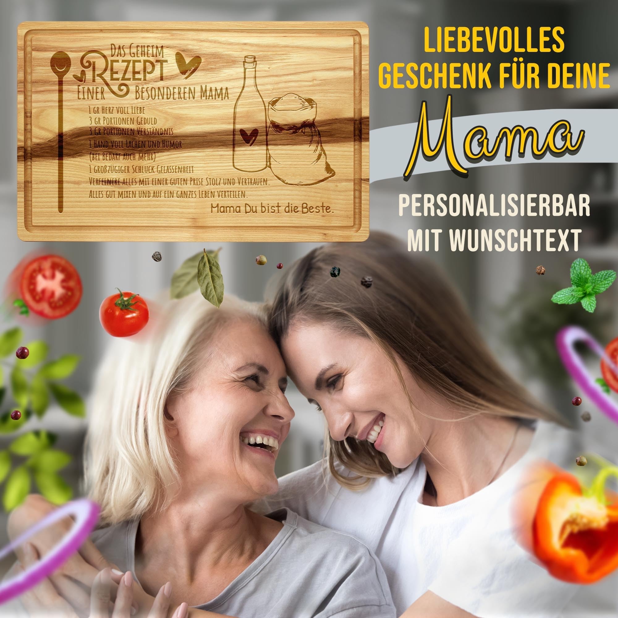 PR Print Royal Großes Holzbrett mit Gravur - Geheimrezept einer besonderen Mama - mit Name - Personalisiertes Geschenk zum Geburtstag, Muttertag - Schneidebrett Eschenholz, 40 x 25 x 2 cm