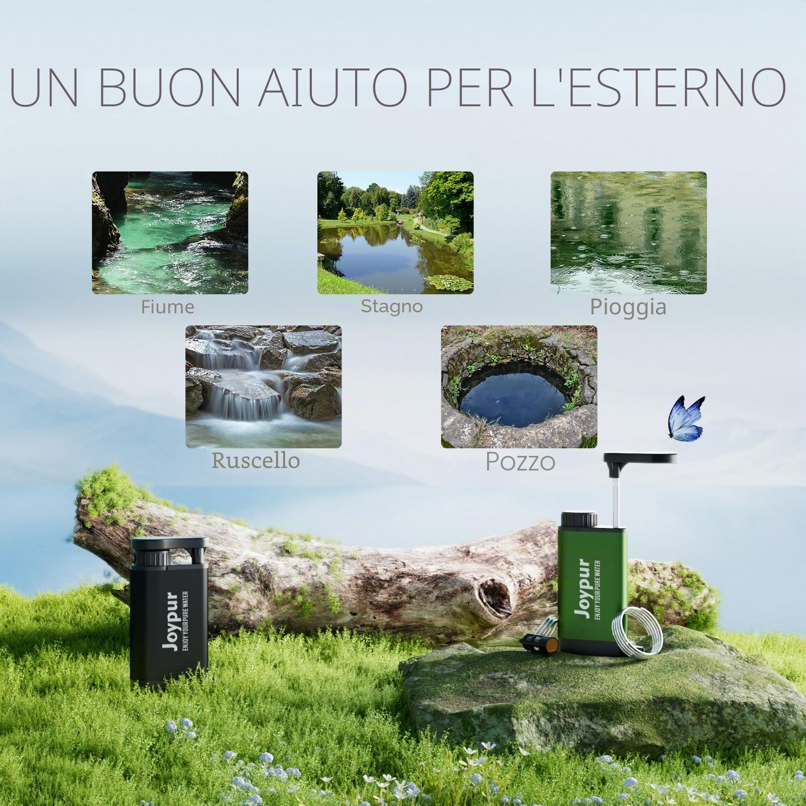 Filtro dell'acqua per esterni di sopravvivenza – Filtro acqua potabile in metallo con capacità di filtro da 6000 l depuratore d'acqua portatile per campeggio escursioni emergenze ecc. (Nero)